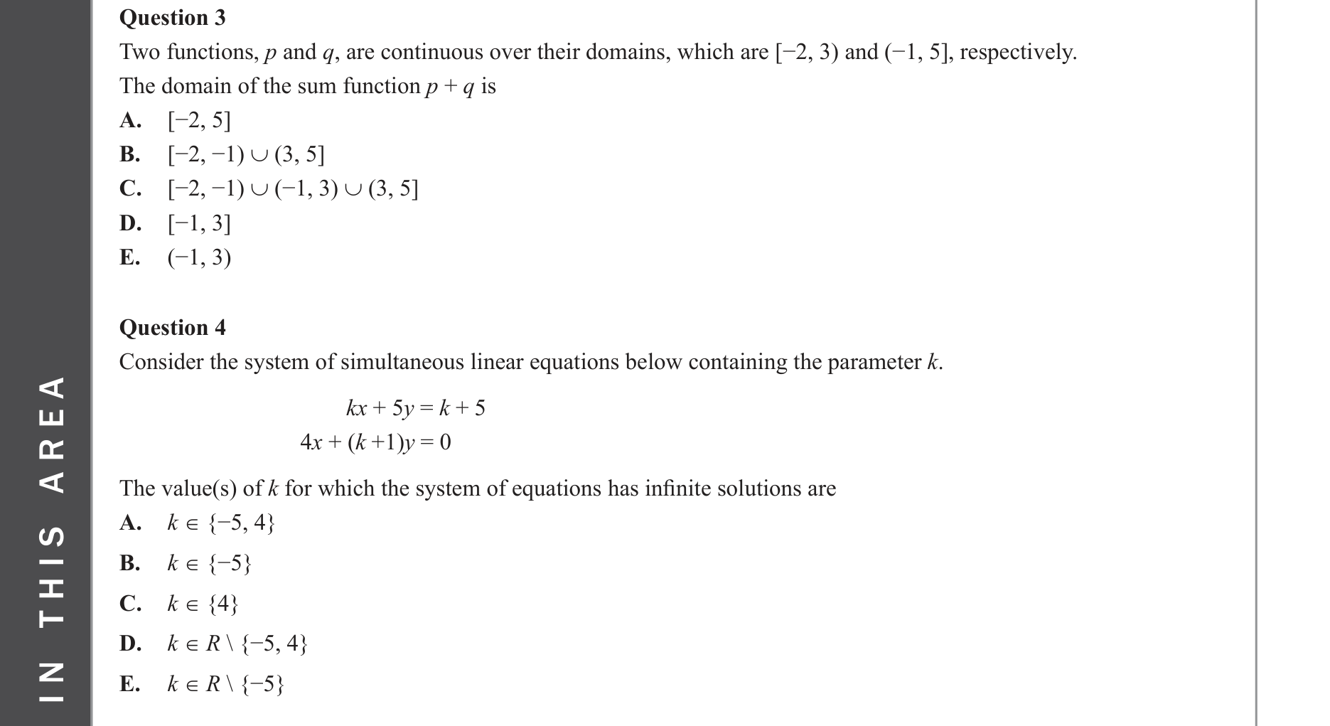 Mathematical Methods 2023 Exam 2 Question 3 — Functions, Relations and Graphs, Domain and range
