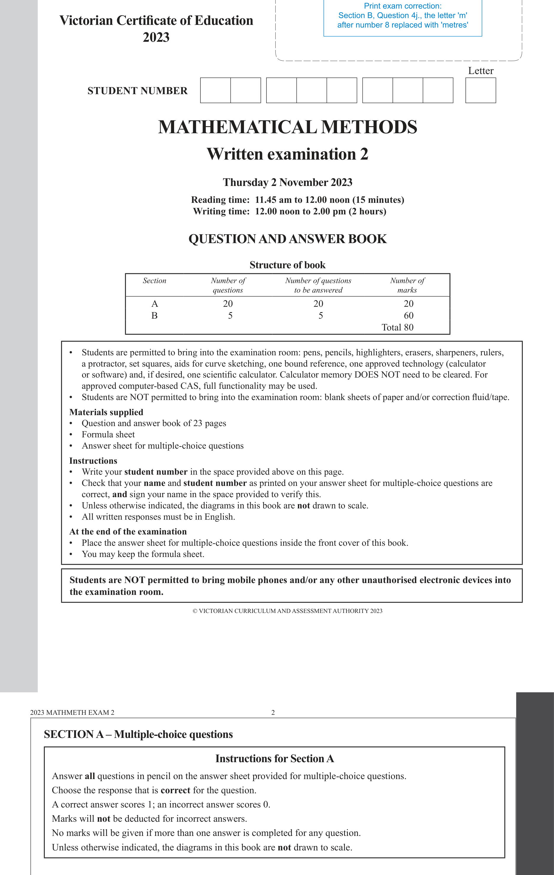 Mathematical Methods 2023 Exam 2 Question 4 — Functions, Relations and Graphs, Algebra, number and structure