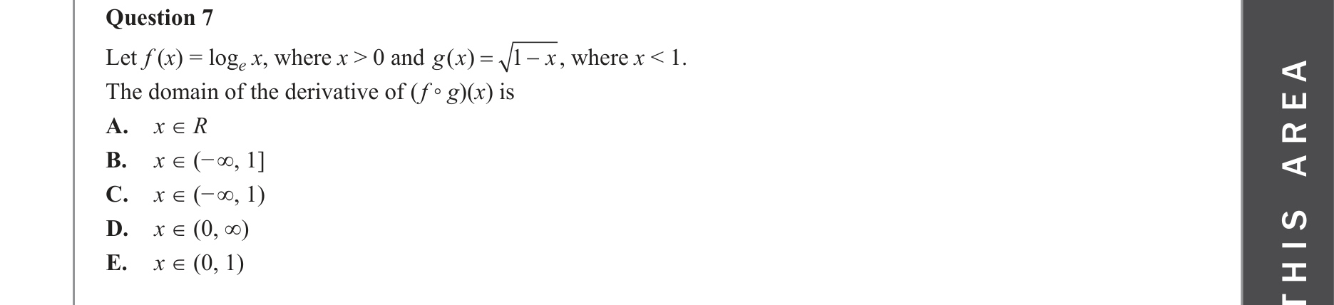 Mathematical Methods 2023 Exam 2 Question 7 — Functions, Relations and Graphs, Composite functions, Domain and range, Calculus, Differentiation formulae