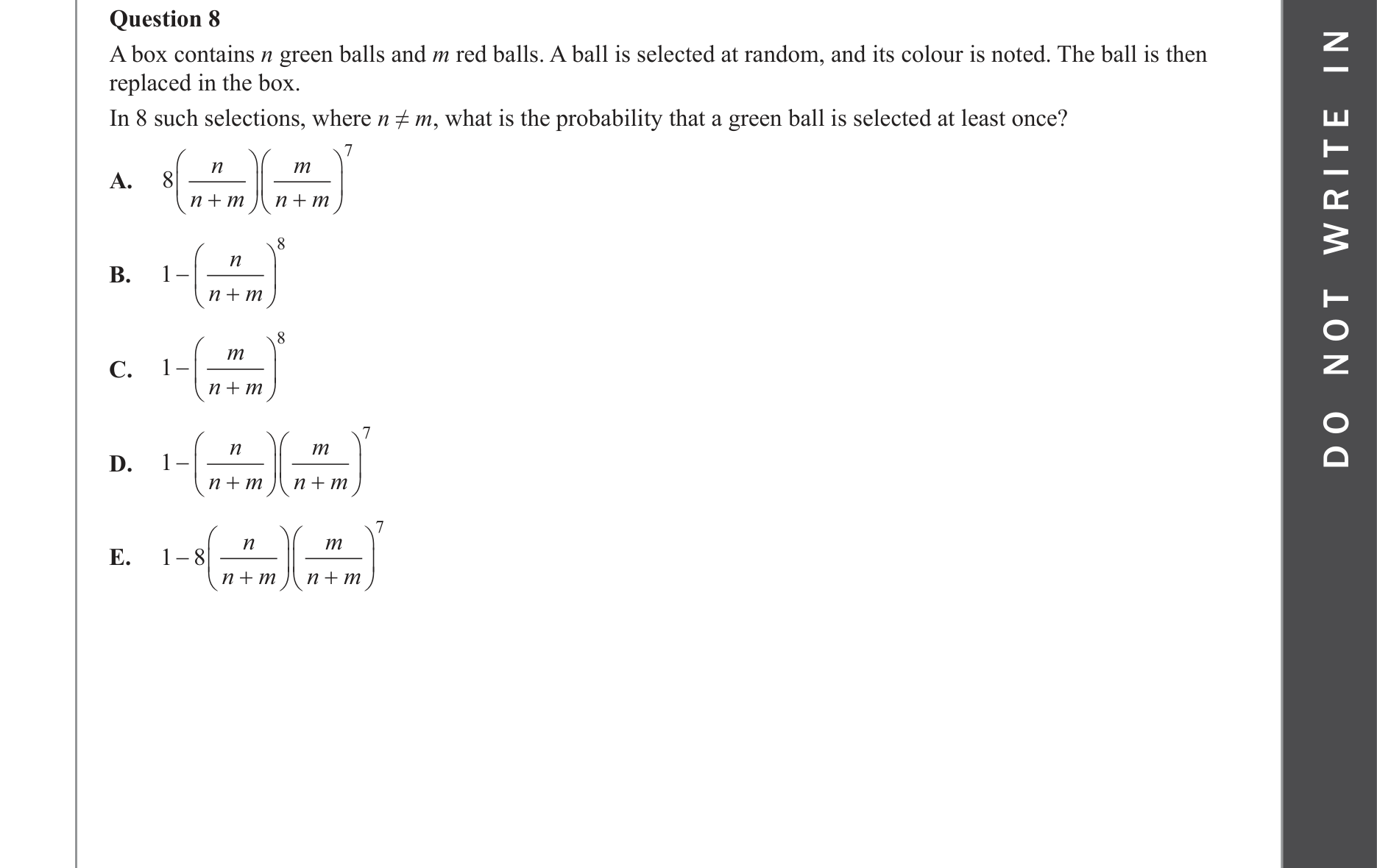 Mathematical Methods 2023 Exam 2 Question 8 — Probability, Binomial distribution