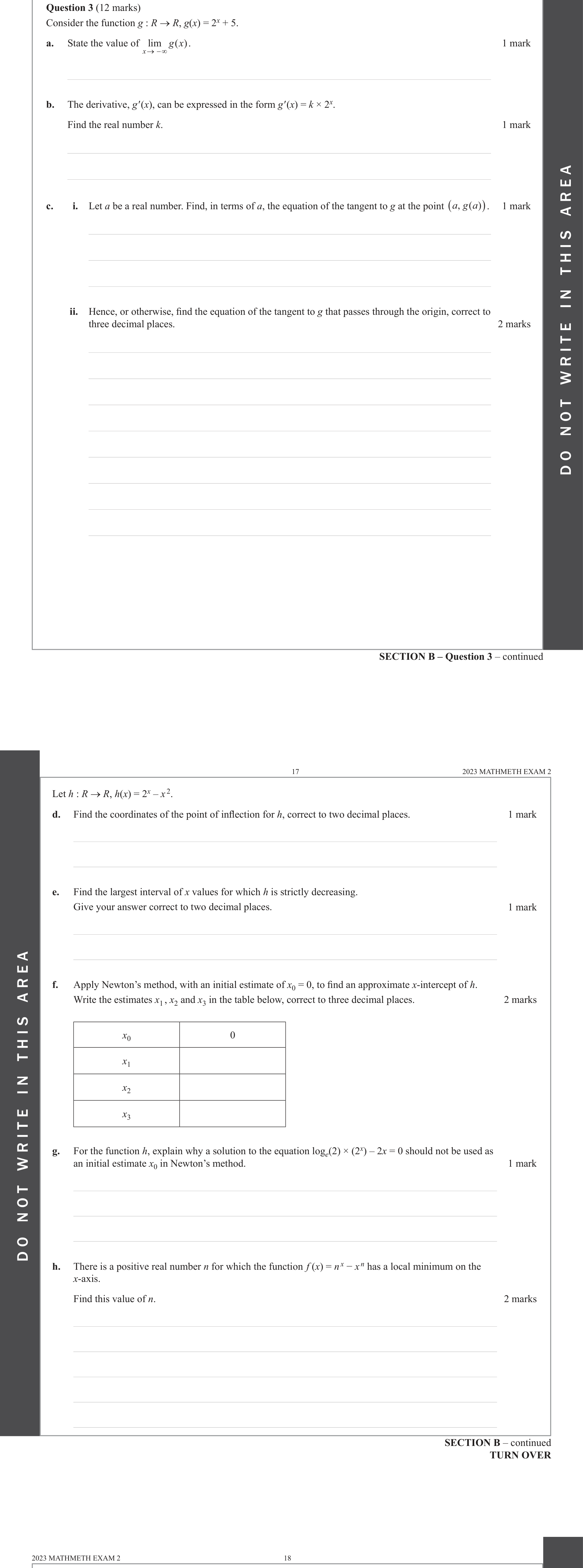 Mathematical Methods 2023 Exam 2 Question 3(e) — Calculus, Applications of differentiation