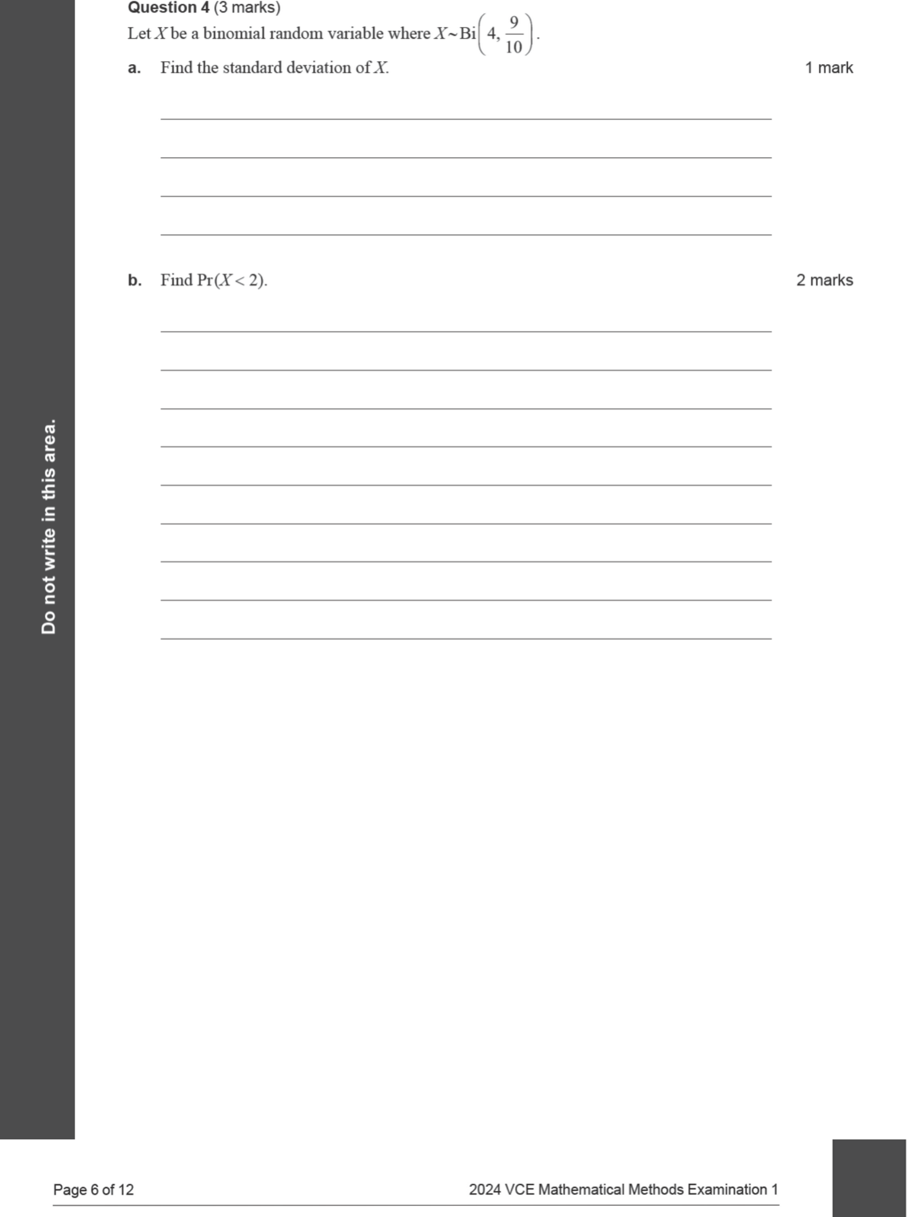 Mathematical Methods 2024 Exam 1 Question 4(b) — Binomial distribution