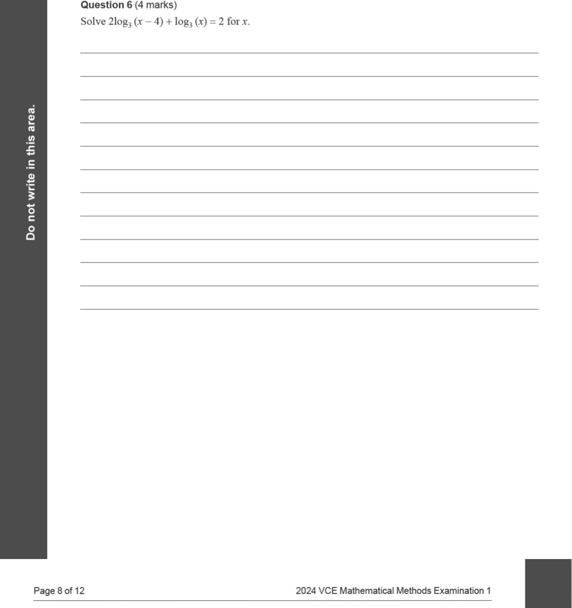 Mathematical Methods 2024 Exam 1 Question 6 — Logarithms, Algebra, number and structure