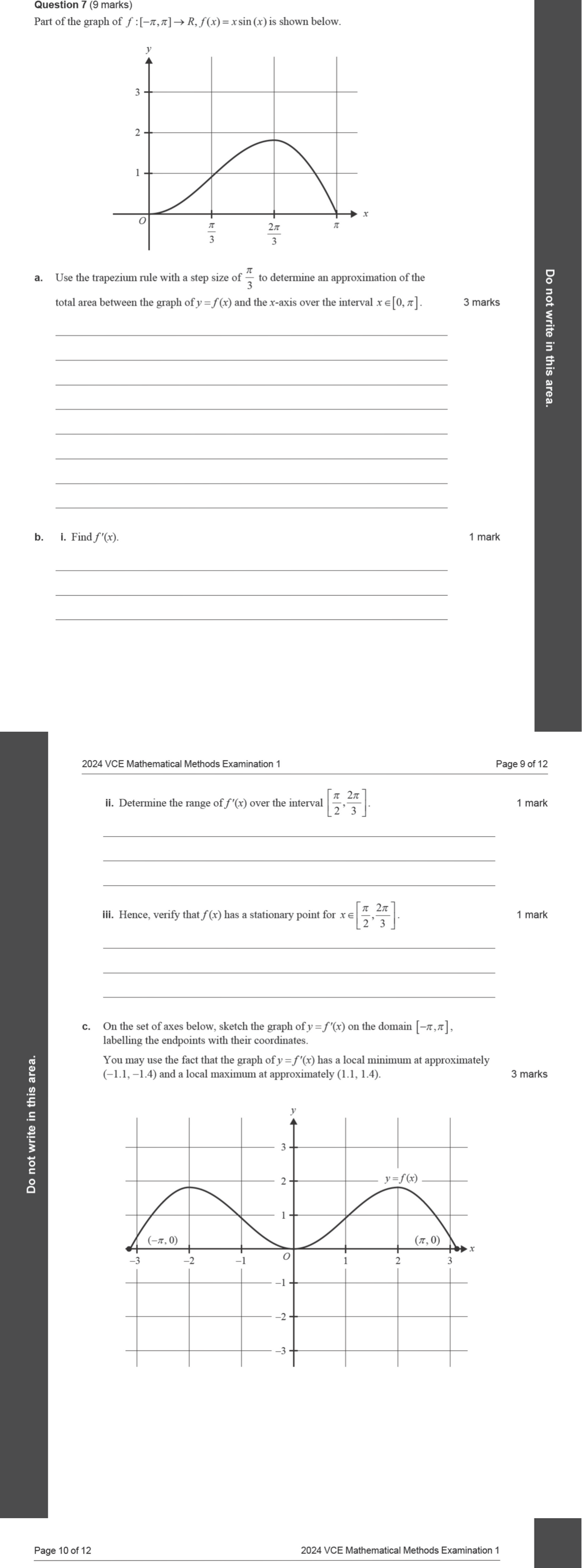 Mathematical Methods 2024 Exam 1 Question 7(c) — Graphing, Applications of differentiation