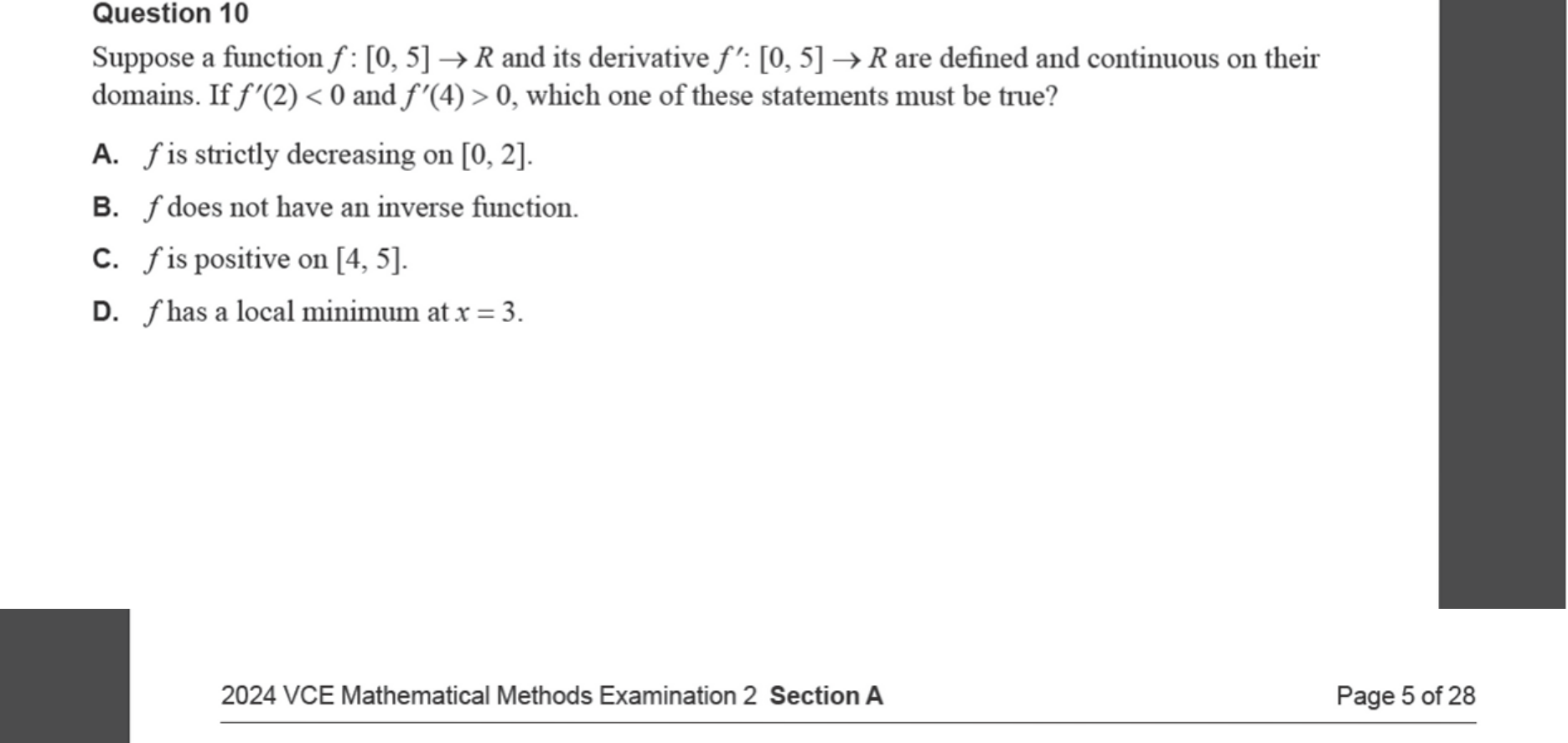Mathematical Methods 2024 Exam 2 Question 10 — Applications of differentiation