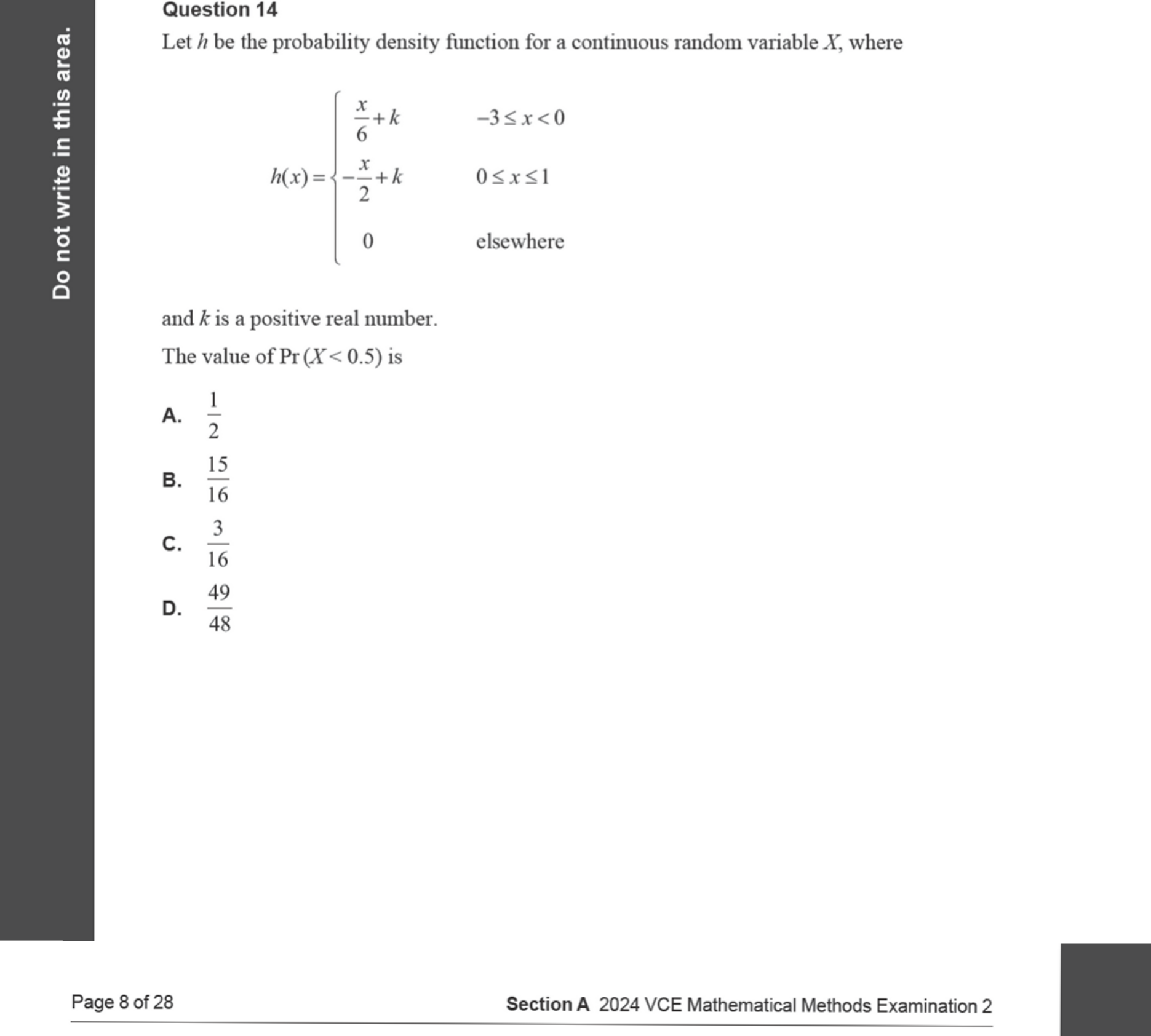 Mathematical Methods 2024 Exam 2 Question 14 — Probability density functions