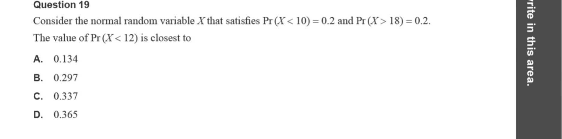 Mathematical Methods 2024 Exam 2 Question 19 — Normal distribution