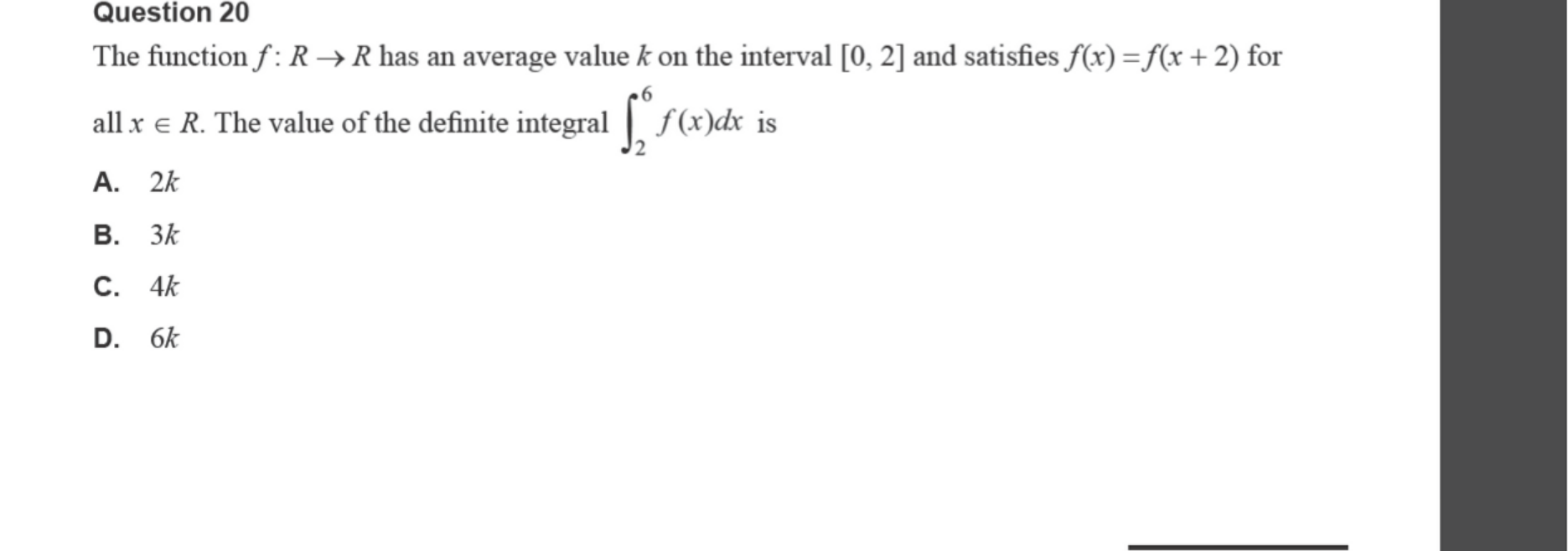 Mathematical Methods 2024 Exam 2 Question 20 — Average value, Area under curves