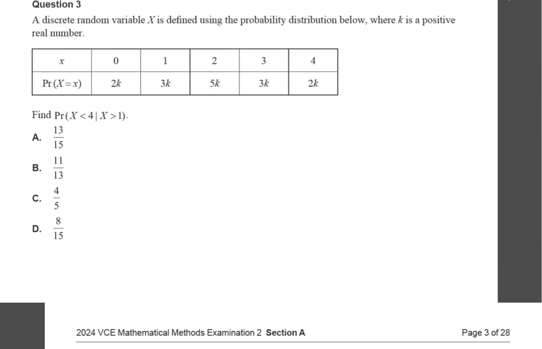 Mathematical Methods 2024 Exam 2 Question 3 — Discrete probability, Probability