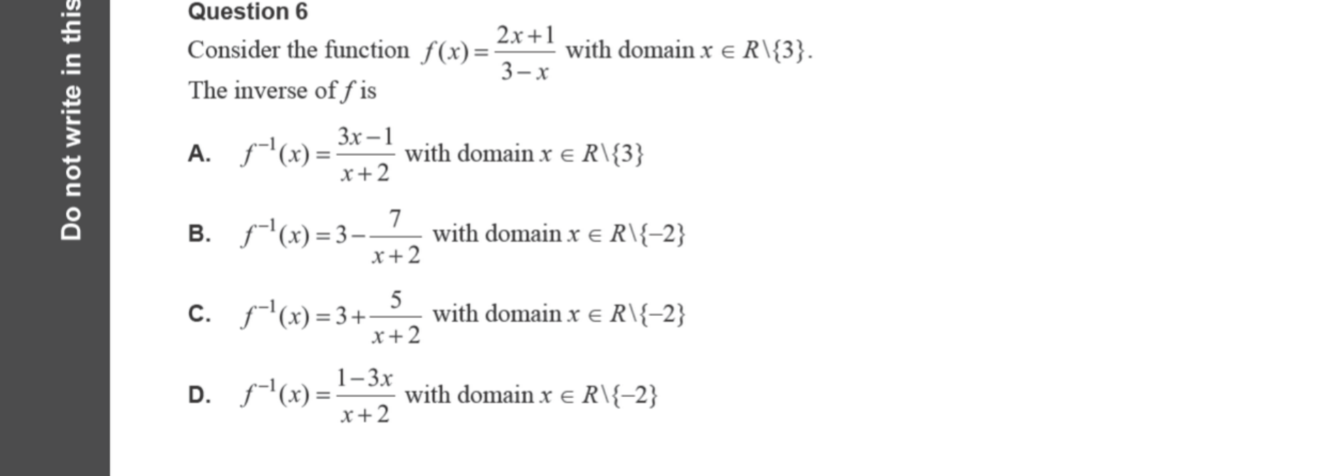 Mathematical Methods 2024 Exam 2 Question 6 — Inverse functions, Rational functions