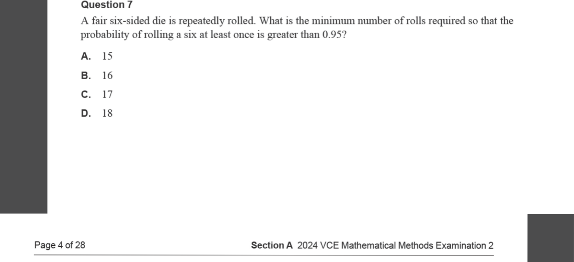 Mathematical Methods 2024 Exam 2 Question 7 — Binomial distribution