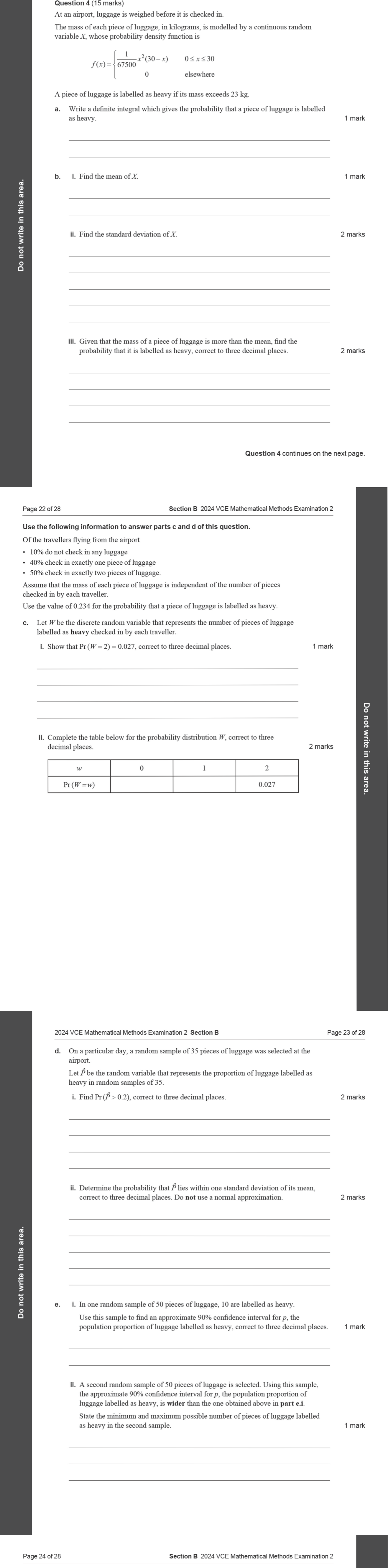 Mathematical Methods 2024 Exam 2 Question 4(b)(iii) — Probability density functions, Probability