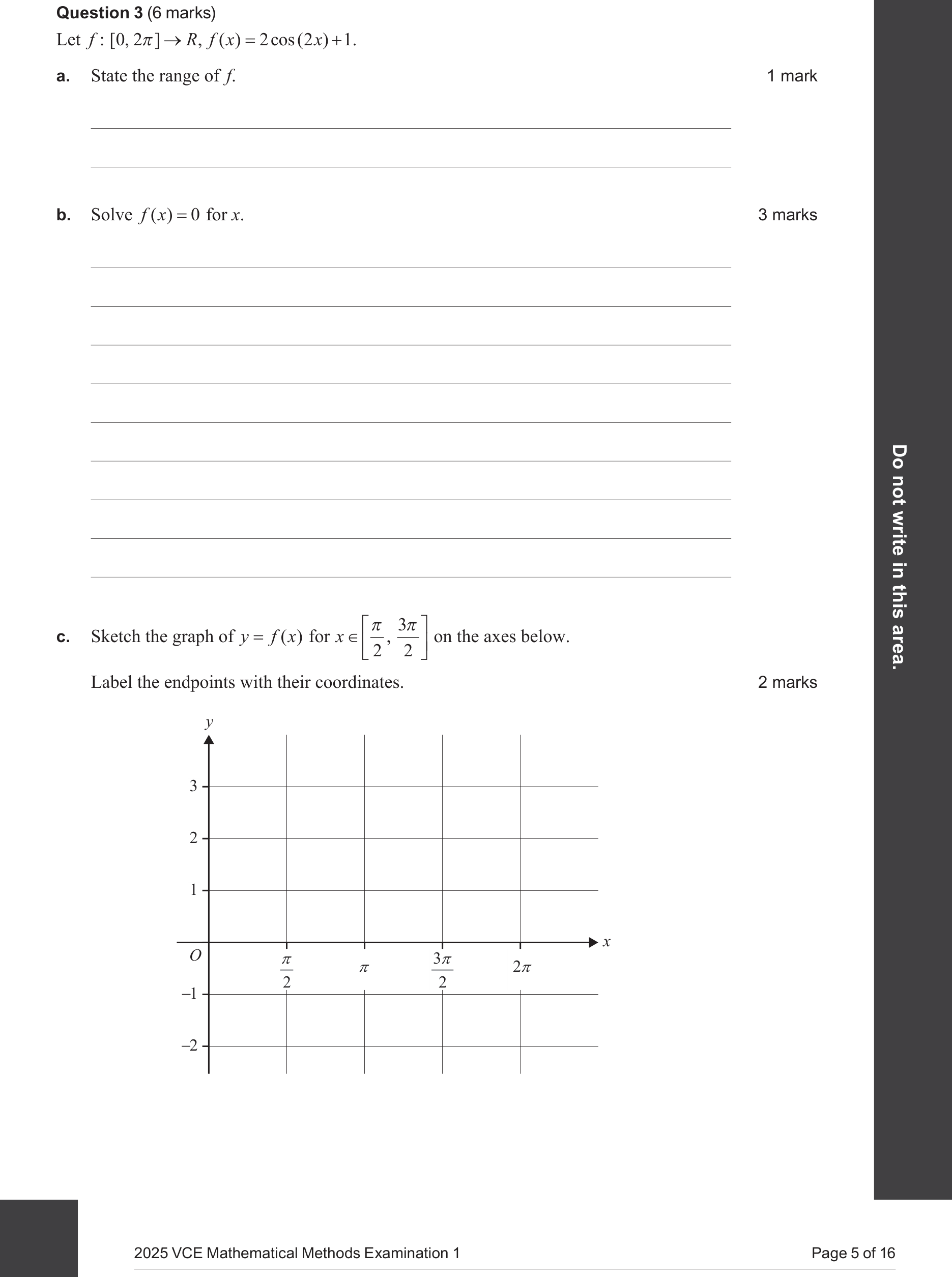 Mathematical Methods 2025 Exam 1 Question 3(c) — Trigonometry, Graphing