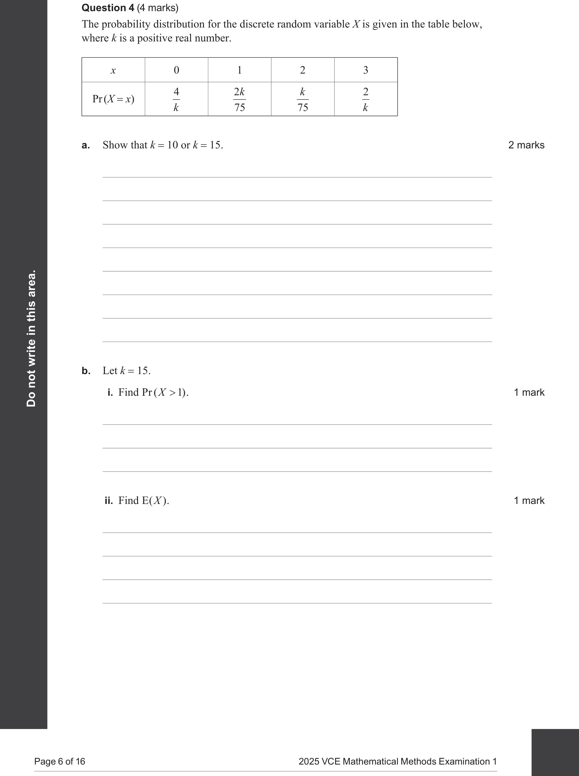 Mathematical Methods 2025 Exam 1 Question 4(a) — Discrete probability