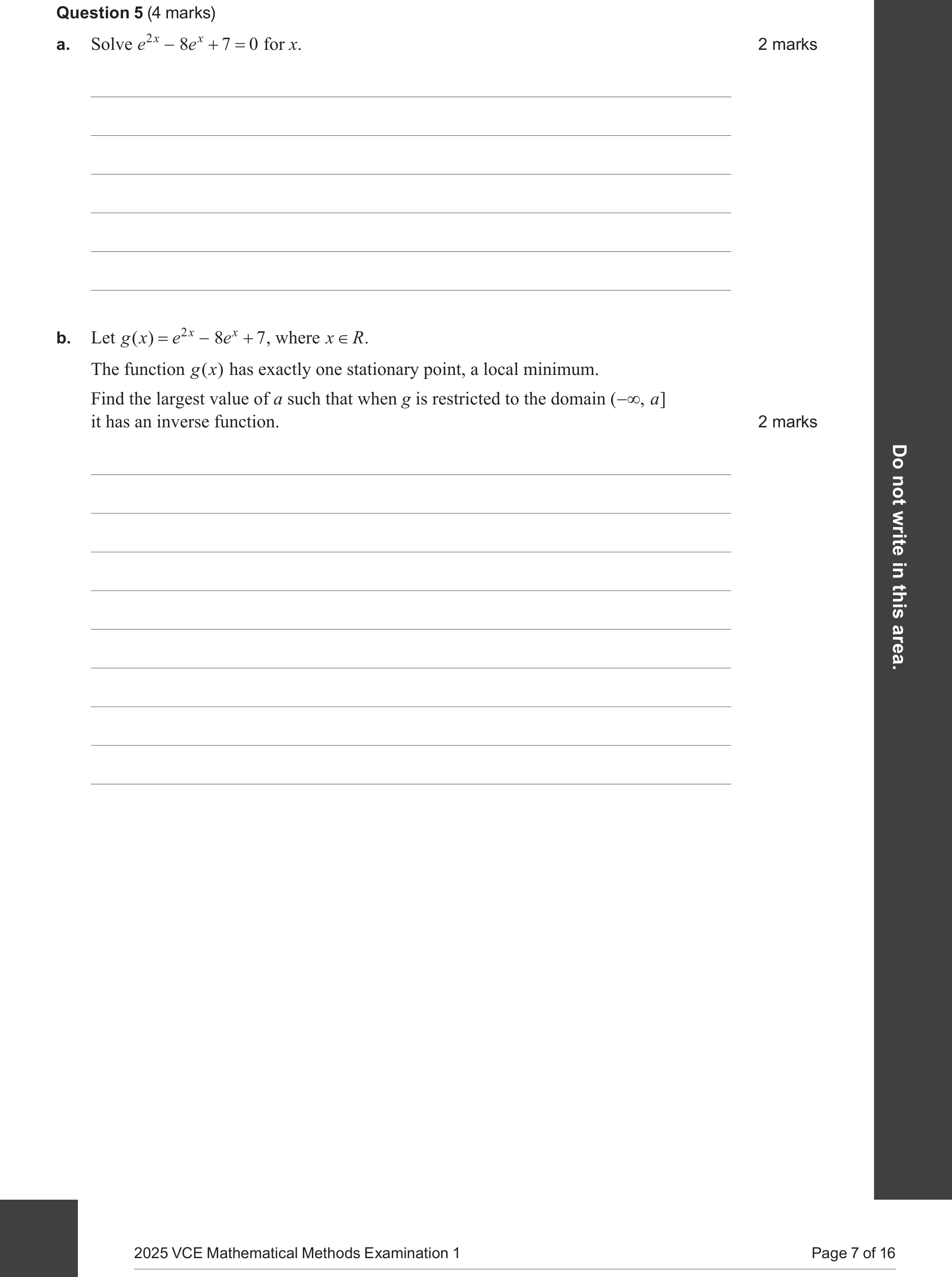 Mathematical Methods 2025 Exam 1 Question 5(b) — Inverse functions, Stationary points