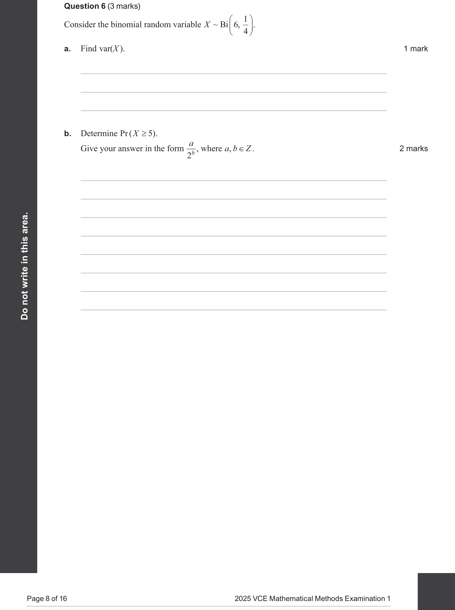 Mathematical Methods 2025 Exam 1 Question 6(a) — Binomial distribution
