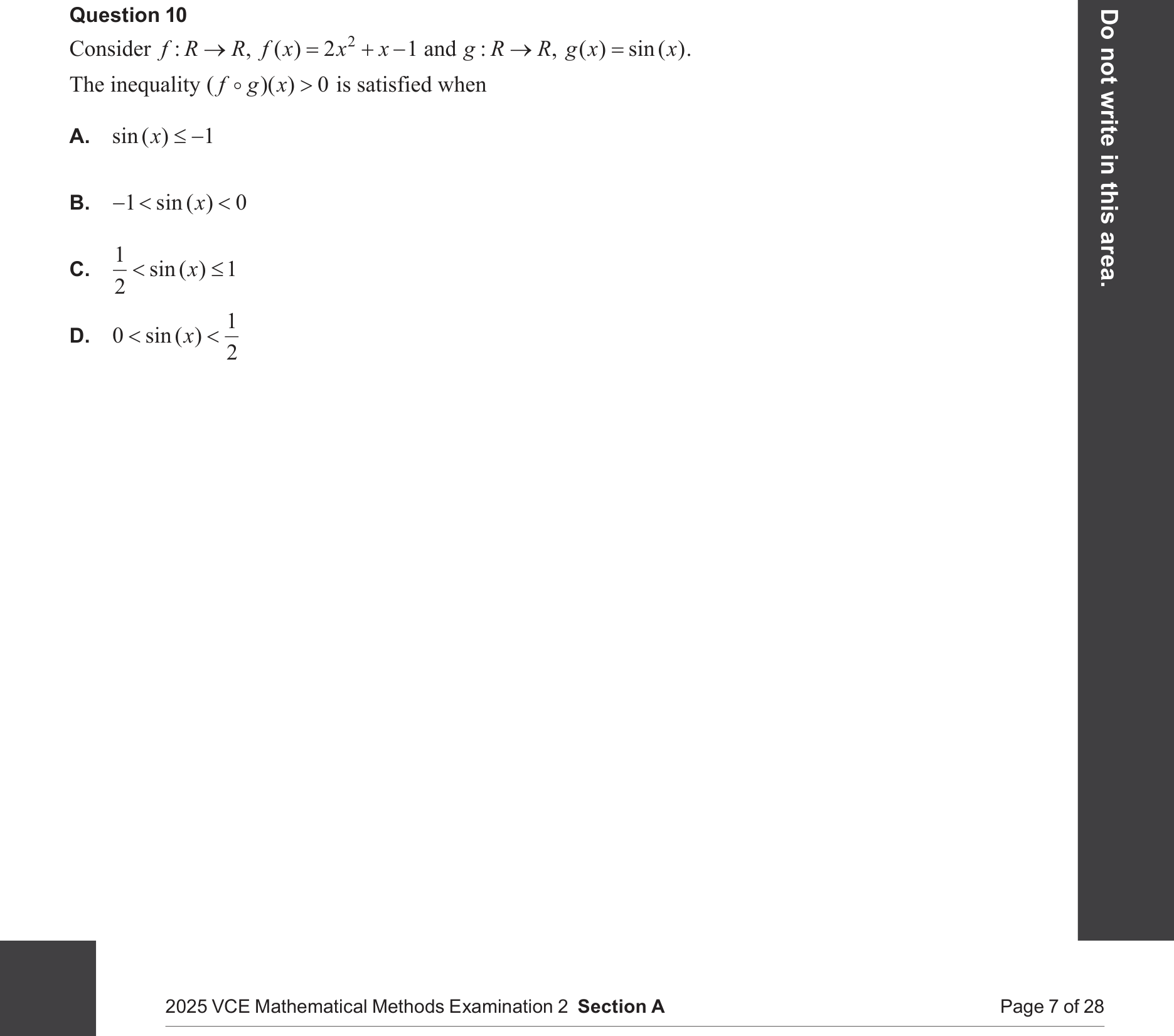 Mathematical Methods 2025 Exam 2 Question 10 — Composite functions, Trigonometry