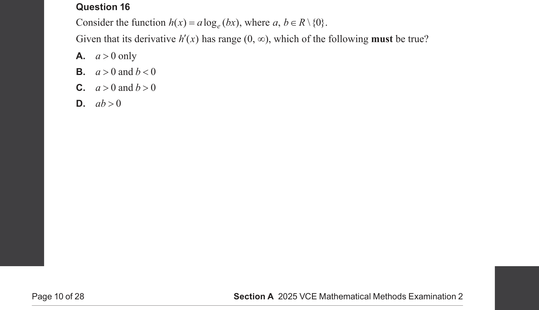 Mathematical Methods 2025 Exam 2 Question 16 — Logarithms, Differentiation formulae