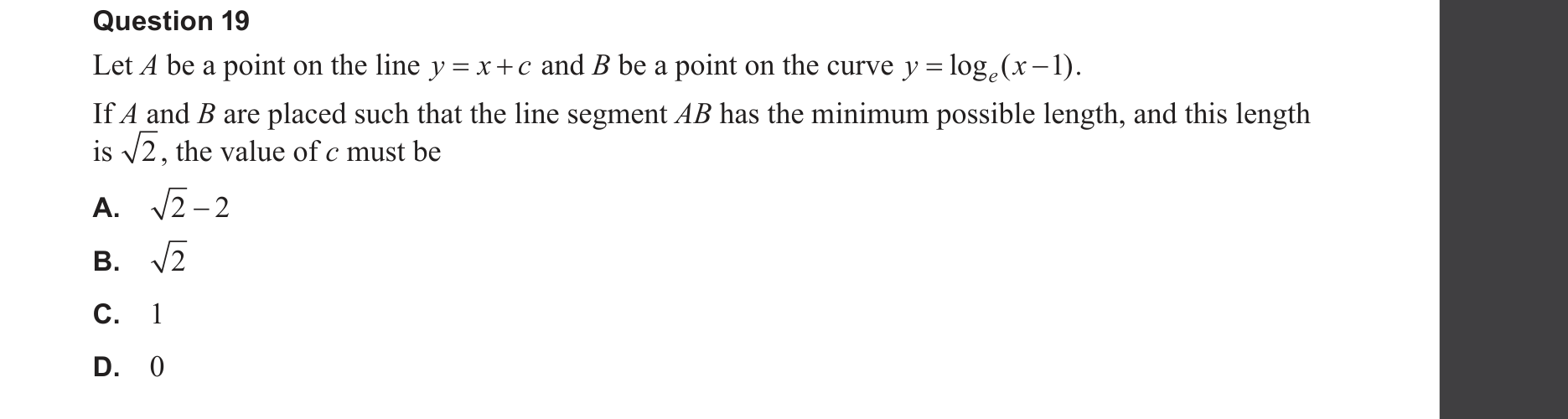 Mathematical Methods 2025 Exam 2 Question 19 — Logarithms, Applications of differentiation