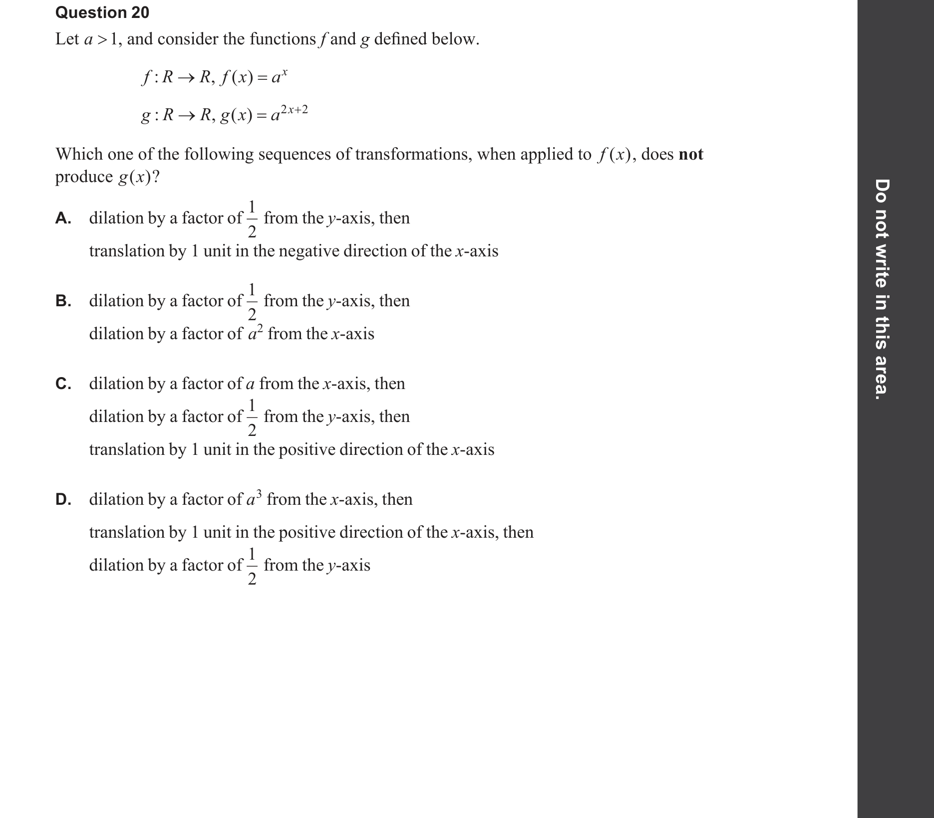 Mathematical Methods 2025 Exam 2 Question 20 — Transformations, Exponentials