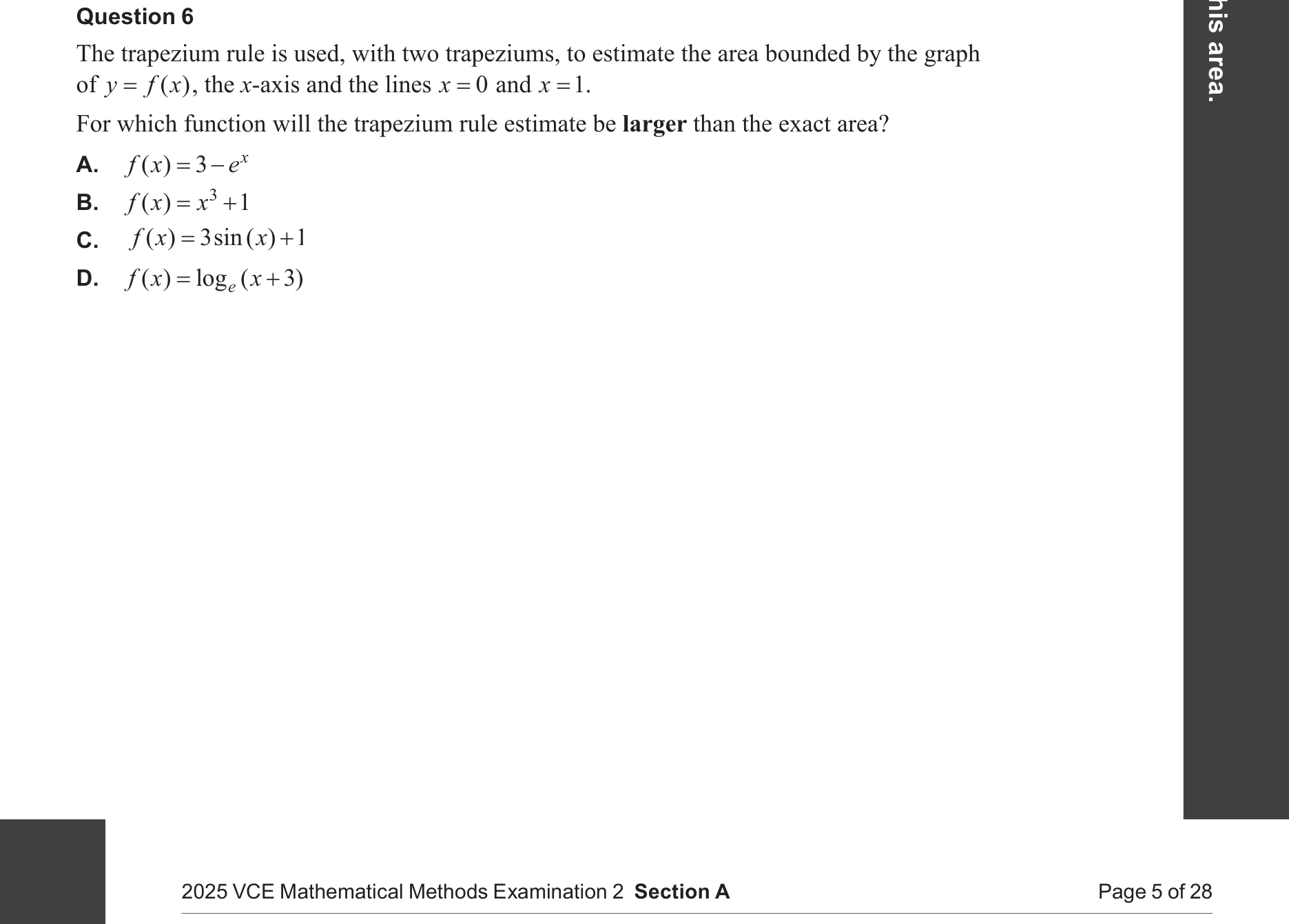Mathematical Methods 2025 Exam 2 Question 6 — Trapezium rule