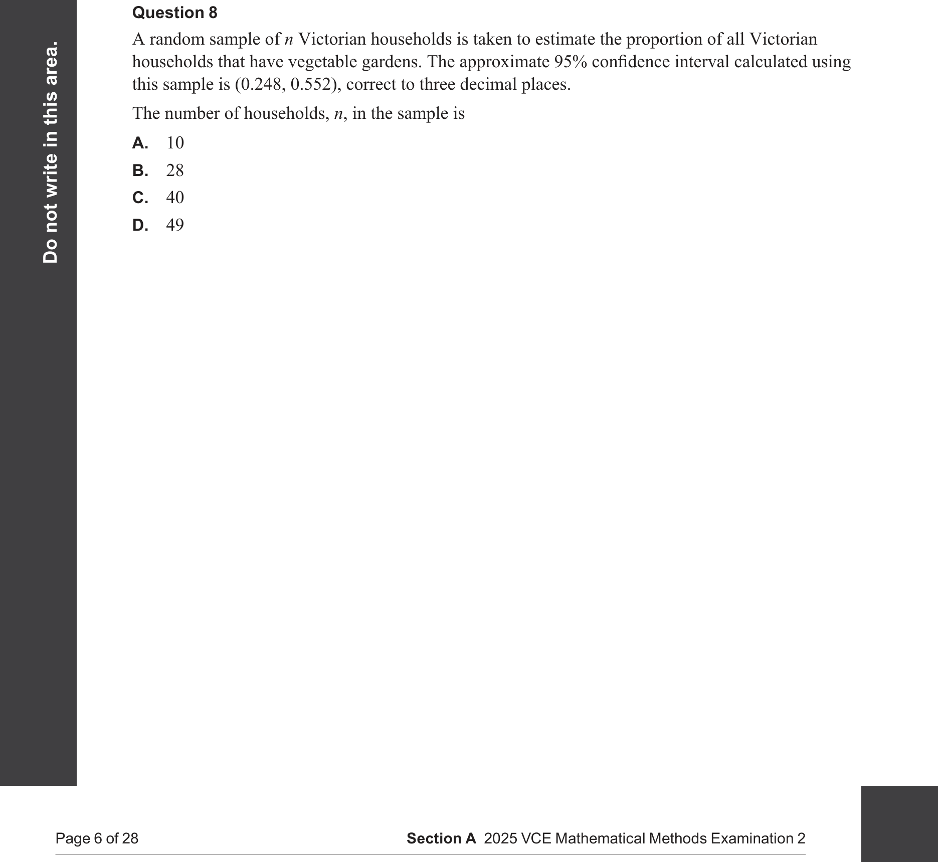 Mathematical Methods 2025 Exam 2 Question 8 — Confidence intervals