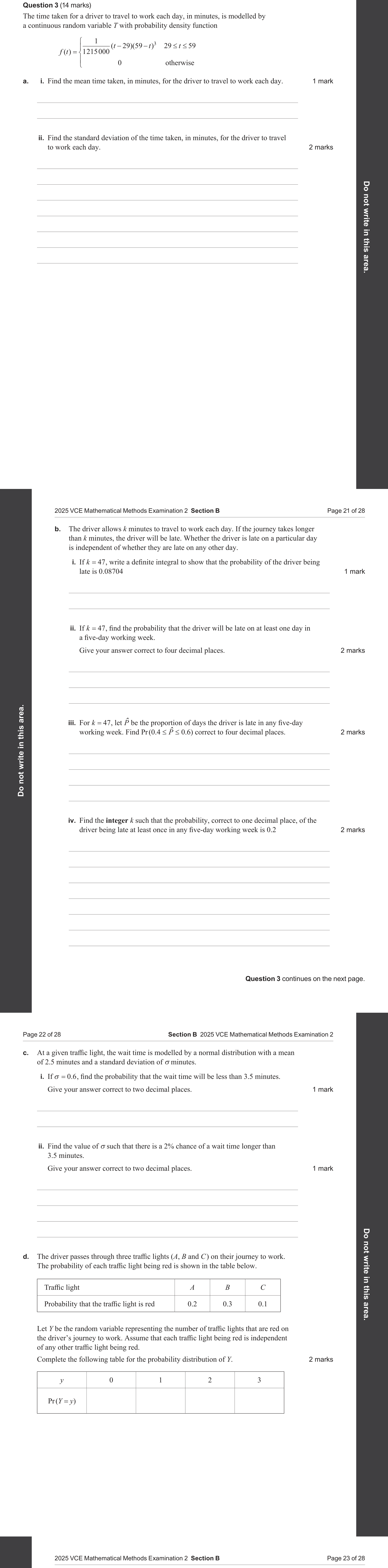 Mathematical Methods 2025 Exam 2 Question 3(a)(i) — Probability density functions
