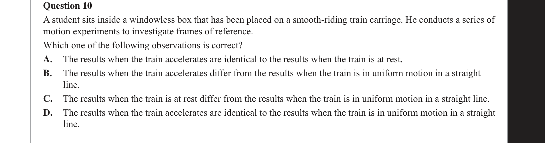Physics 2017 Exam Question 10 — Special relativity postulates