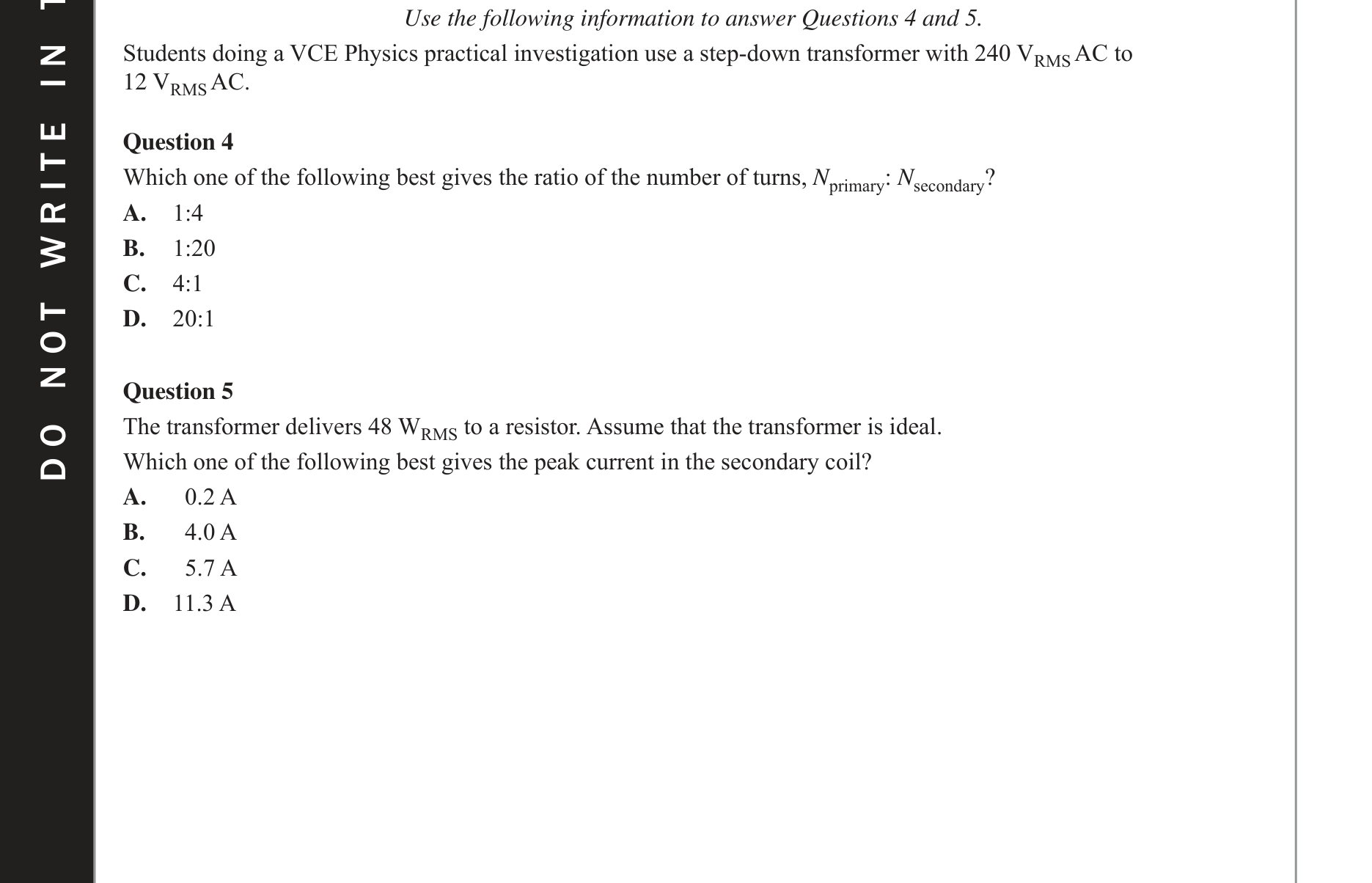 Physics 2017 Exam Question 5 — Transformer electromagnetic induction