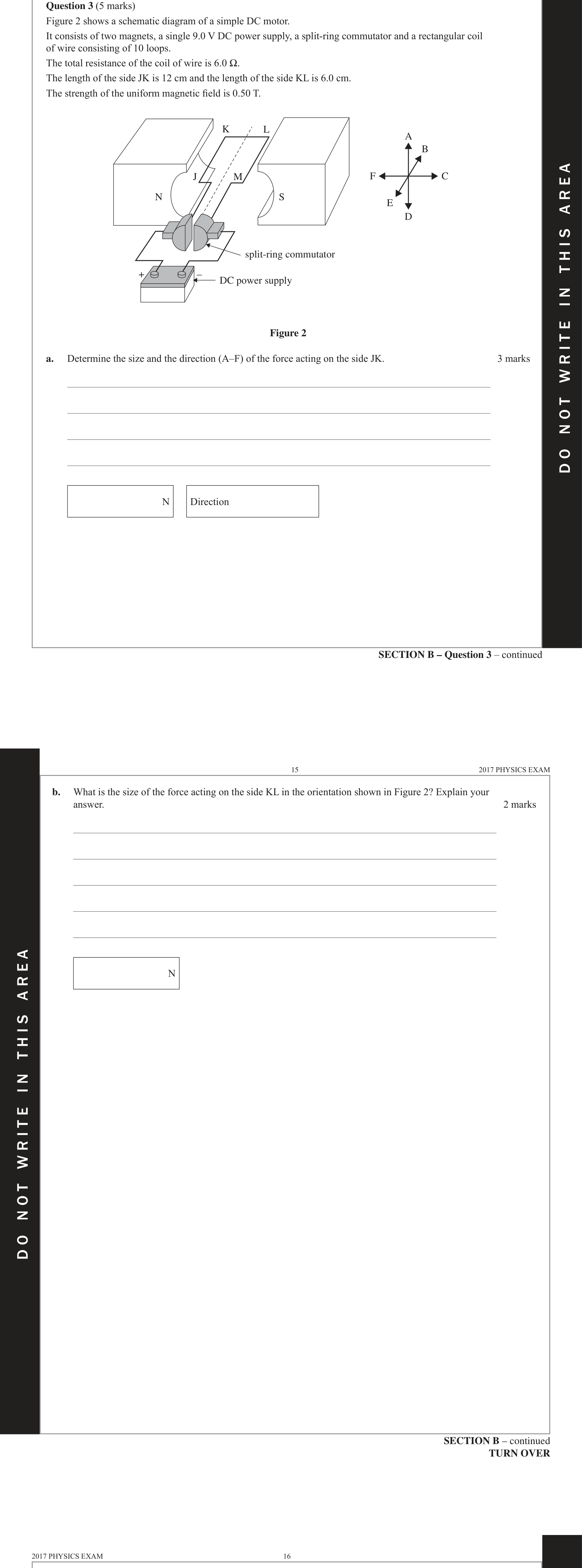 Physics 2017 Exam Question 3(a) — Force on current conductor, DC motor operation
