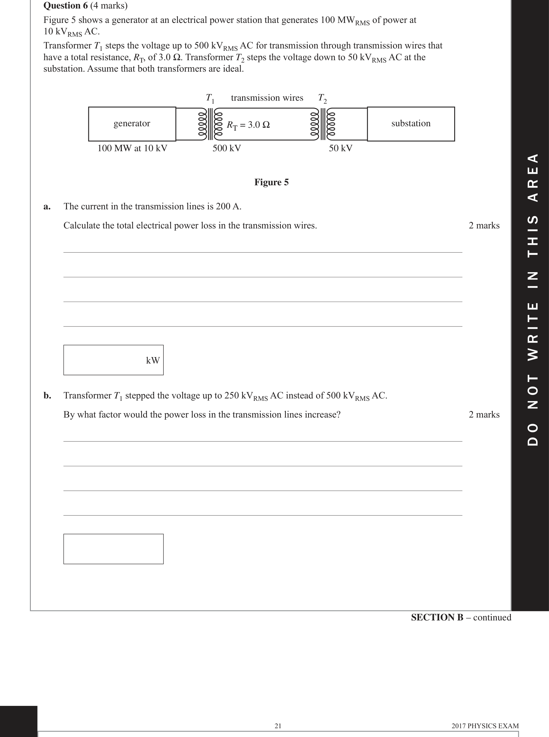 Physics 2017 Exam Question 6(b) — Transmission power losses