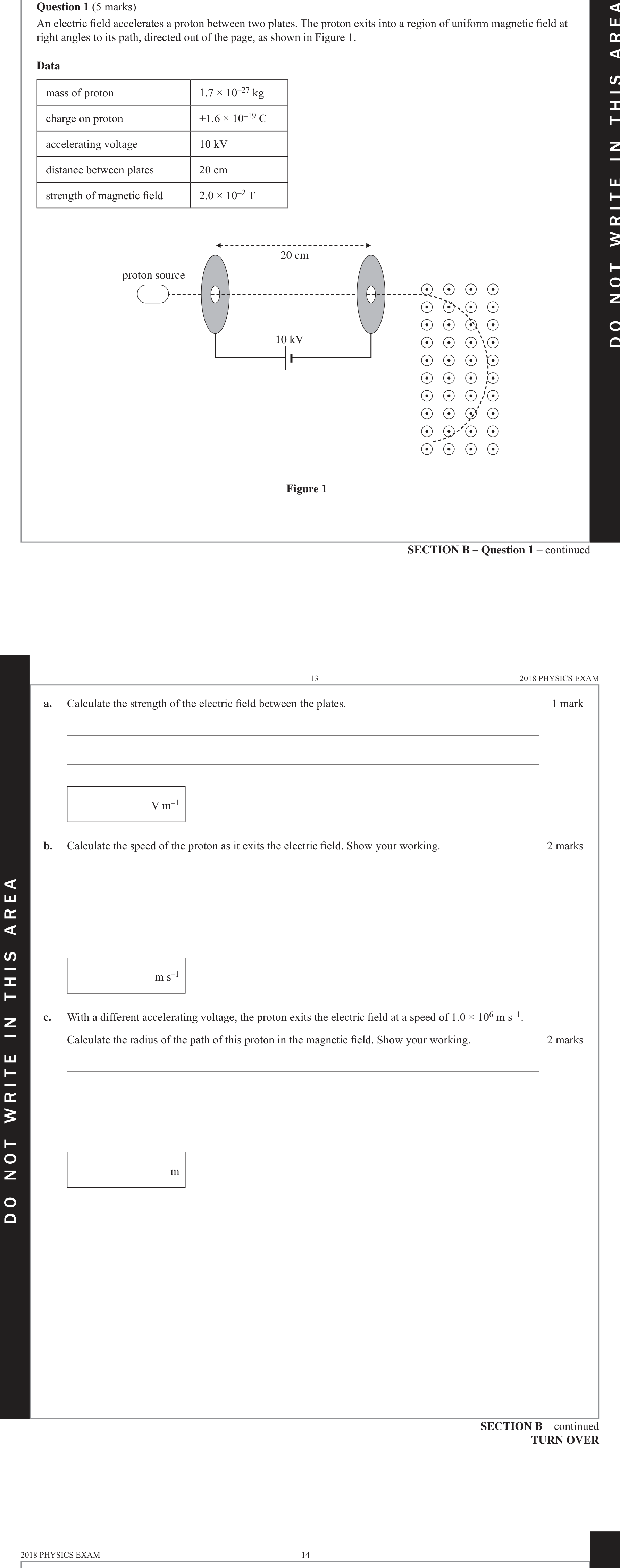 Physics 2018 Exam Question 1(b) — Electric field acceleration
