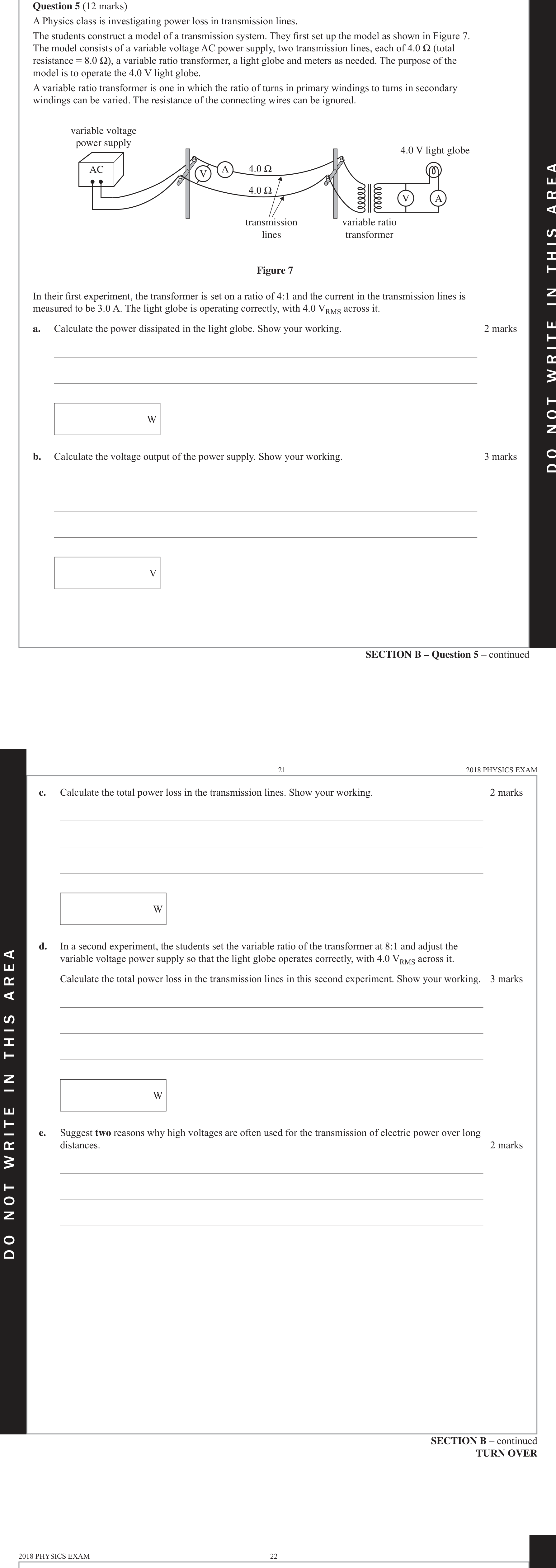 Physics 2018 Exam Question 5(d) — Transmission power losses
