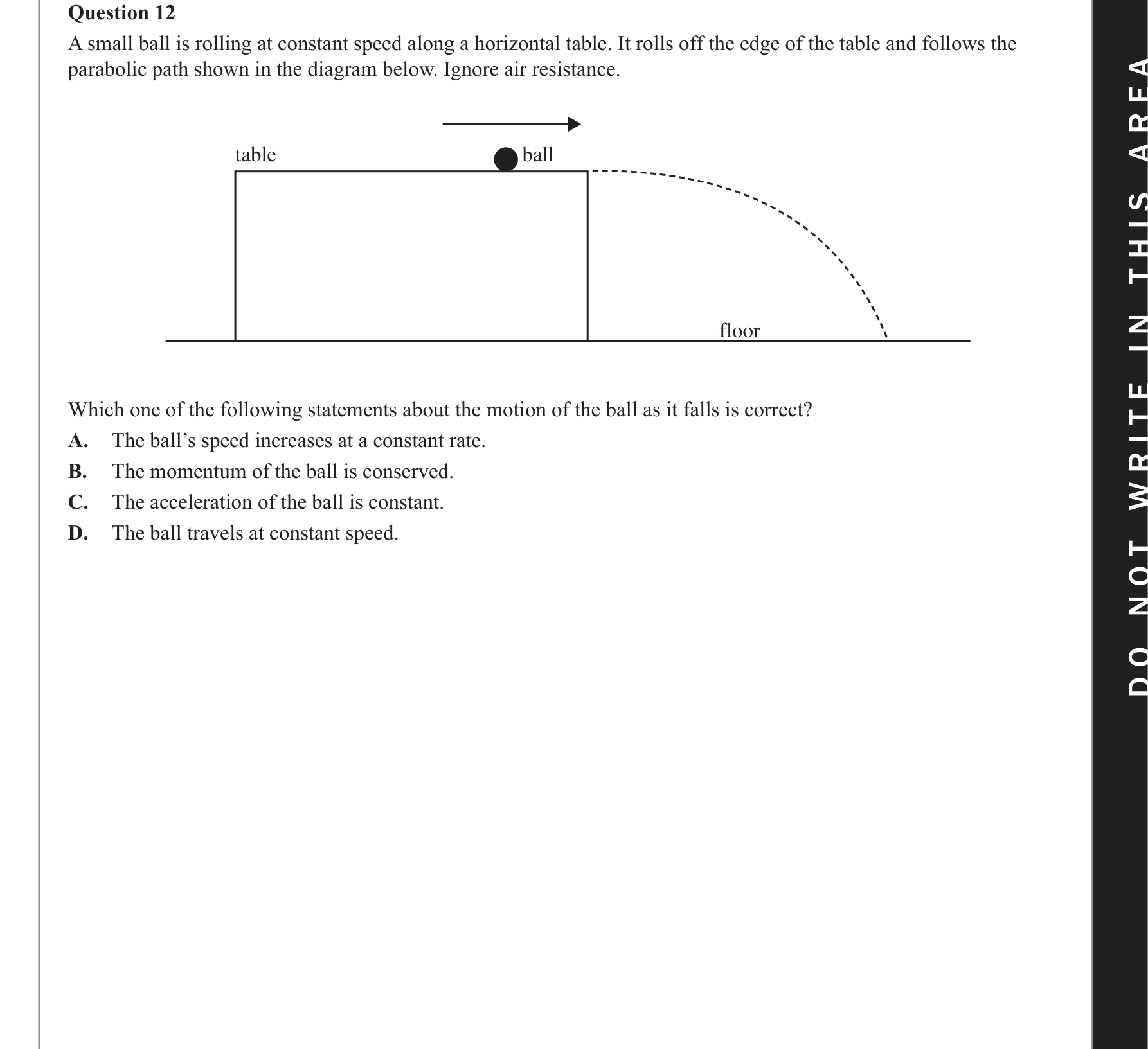 Physics 2019 Exam Question 12 — Projectile motion analysis