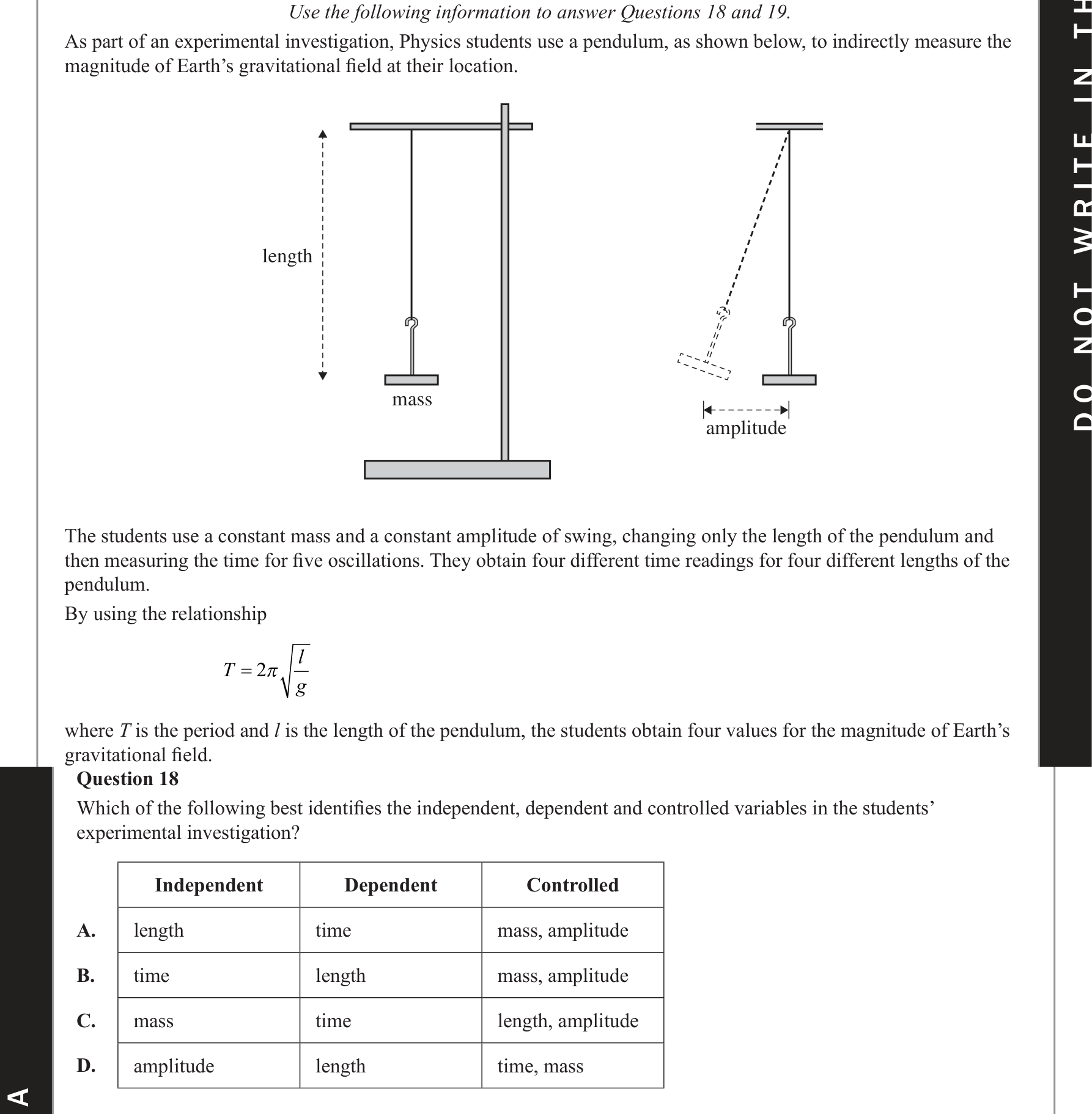 Physics 2019 Exam Question 18 — Investigation design principles, Methodology and variable control