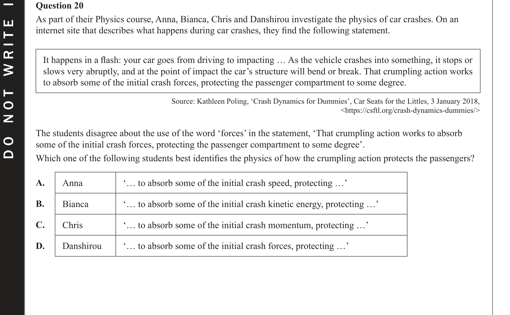 Physics 2019 Exam Question 20 — Impulse and momentum change, Energy-momentum conservation