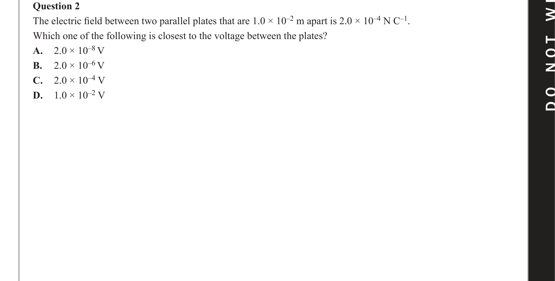Physics 2019 Exam Question 2 — Field model fundamentals, Electric field acceleration