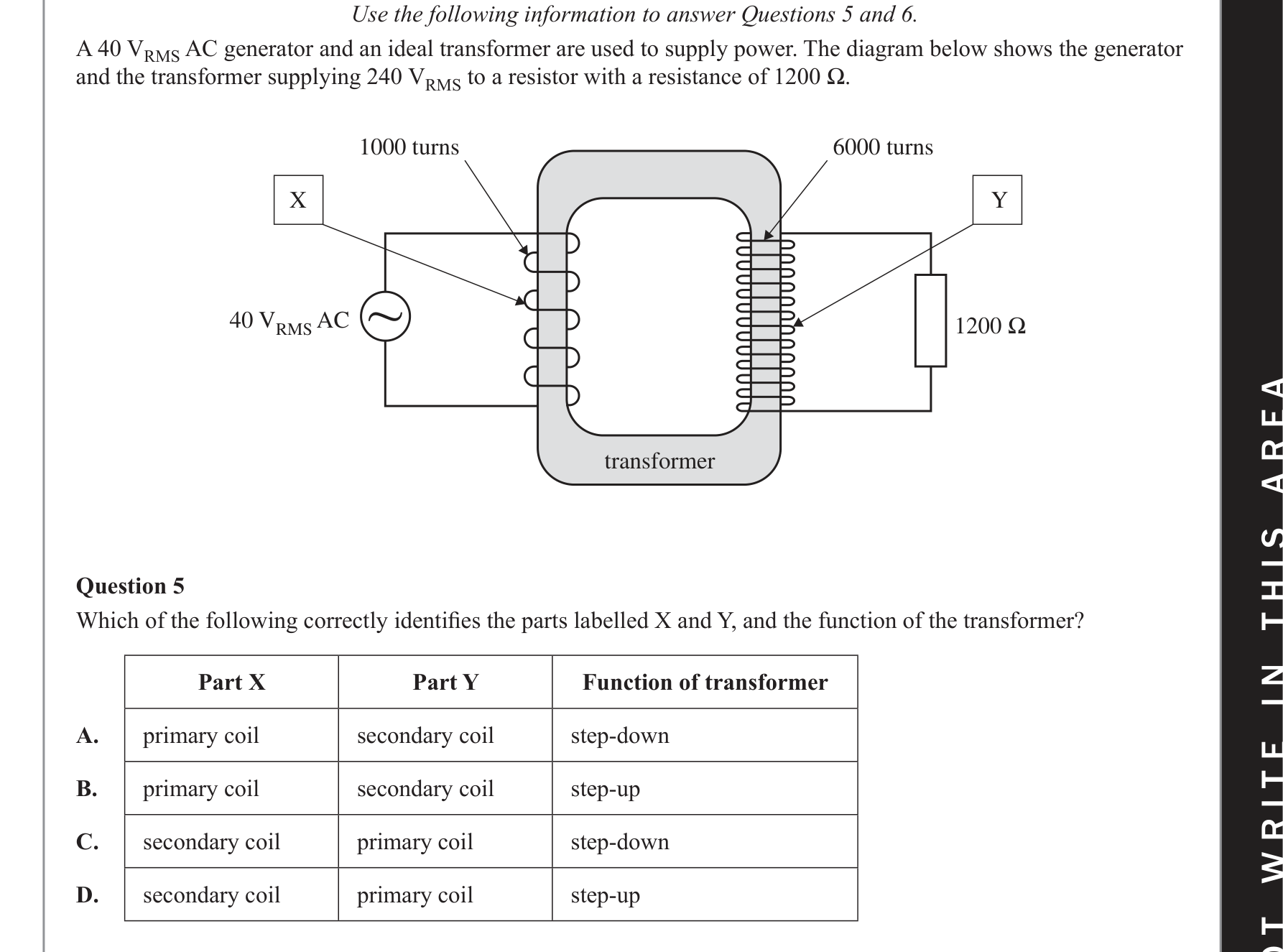 Physics 2019 Exam Question 5 — Transformer electromagnetic induction