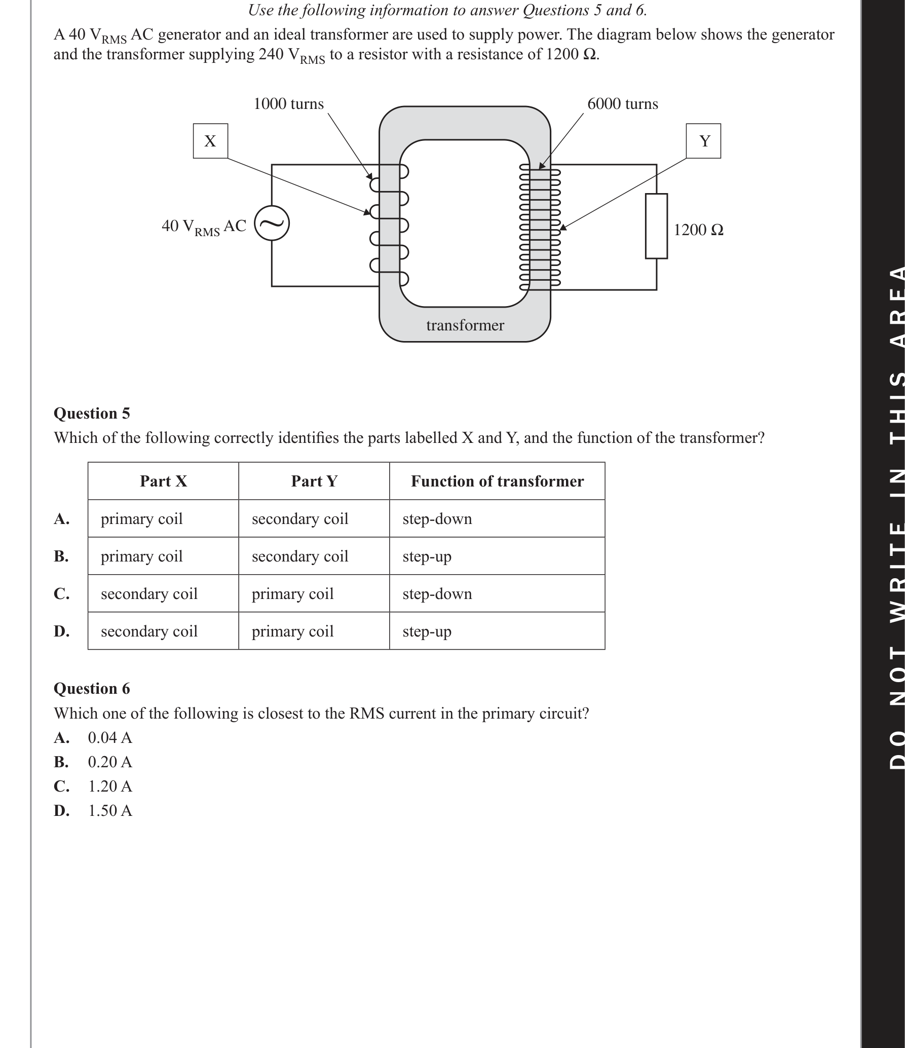 Physics 2019 Exam Question 6 — Transformer electromagnetic induction, RMS-to-DC comparison