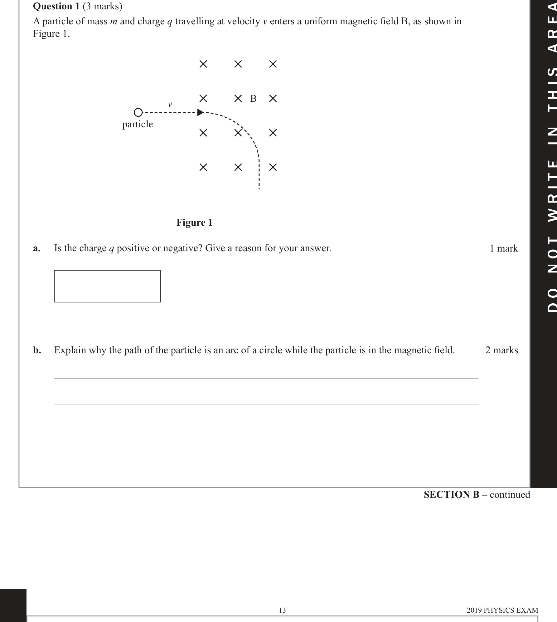 Physics 2019 Exam Question 1(a) — Magnetic particle deflection