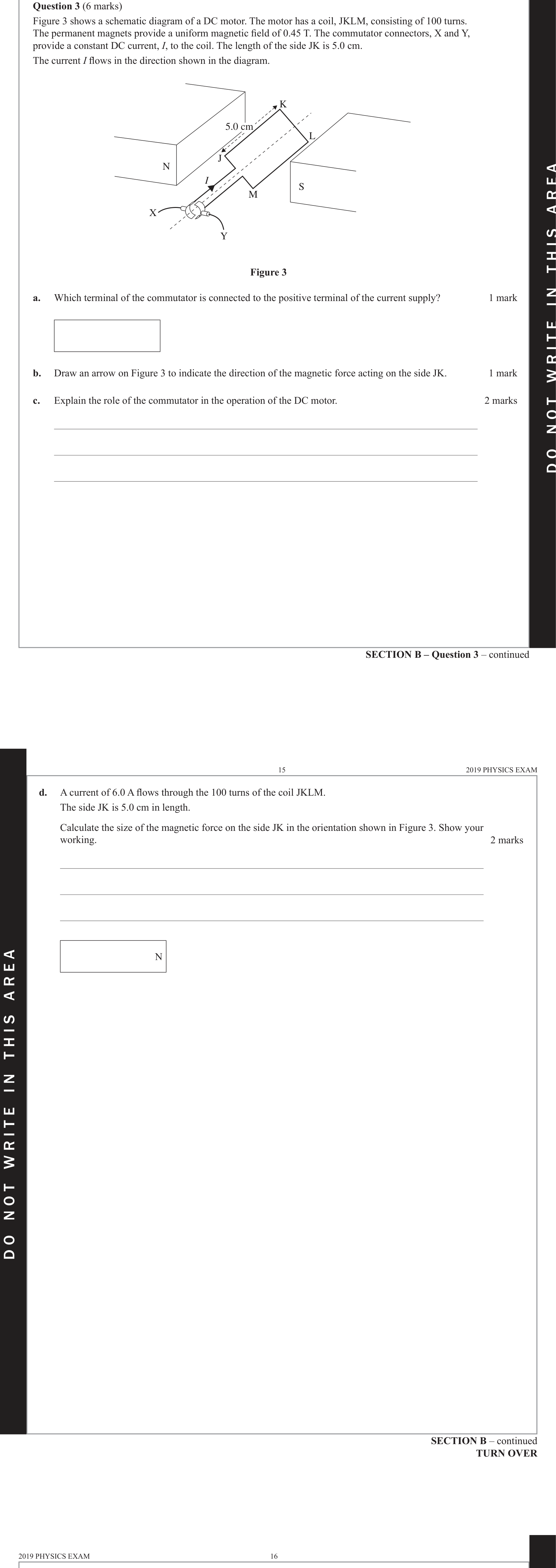 Physics 2019 Exam Question 3(c) — DC motor operation, Motor torque factors