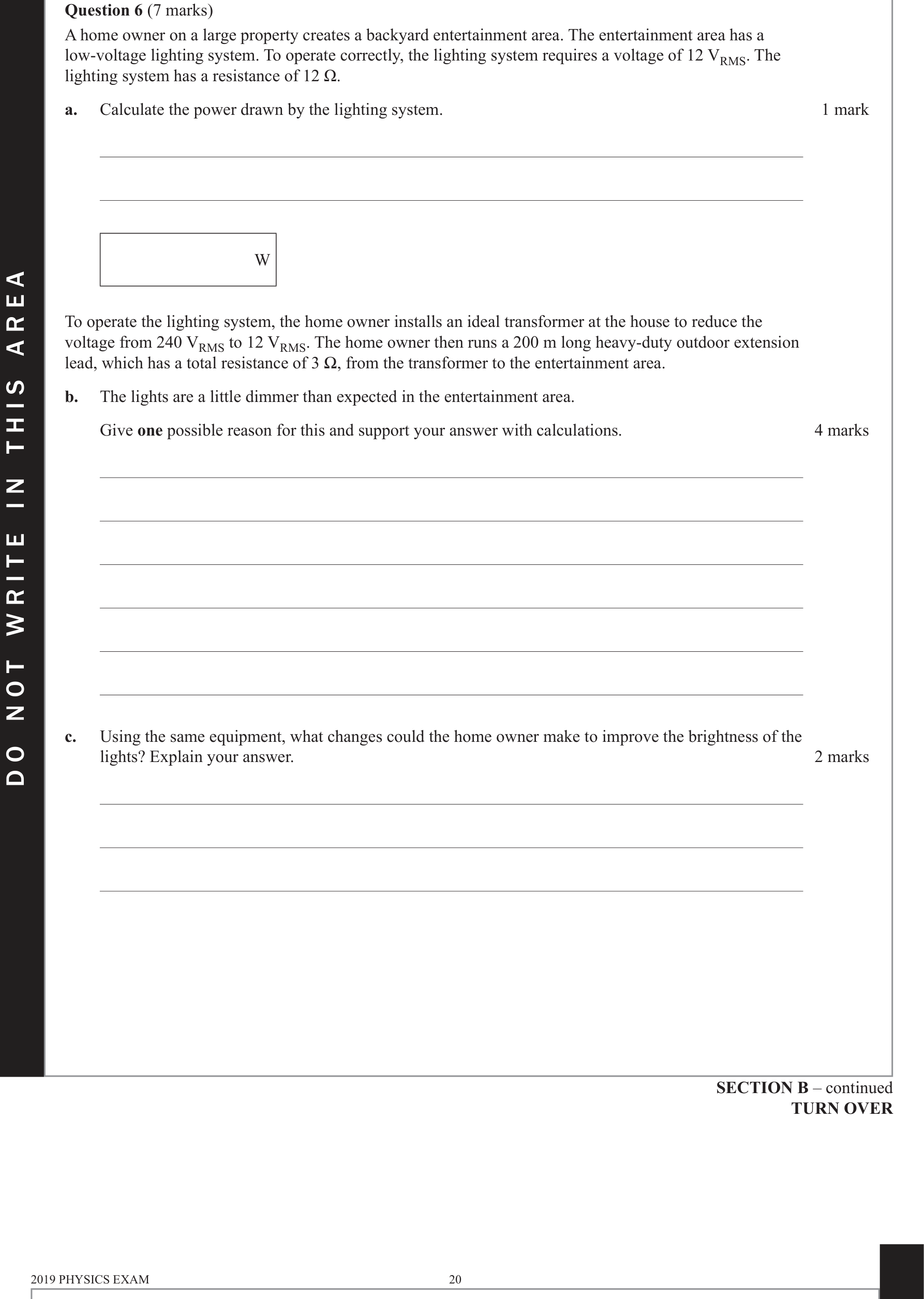 Physics 2019 Exam Question 6(a) — Transmission power losses