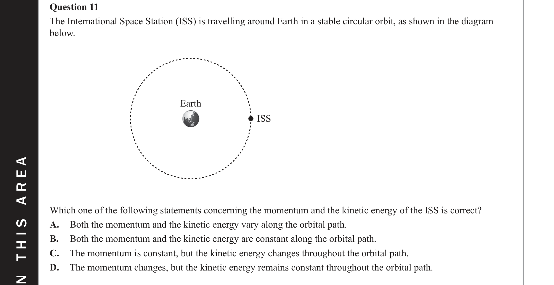 Physics 2020 Exam Question 11 — Satellite orbital motion, Energy-momentum conservation
