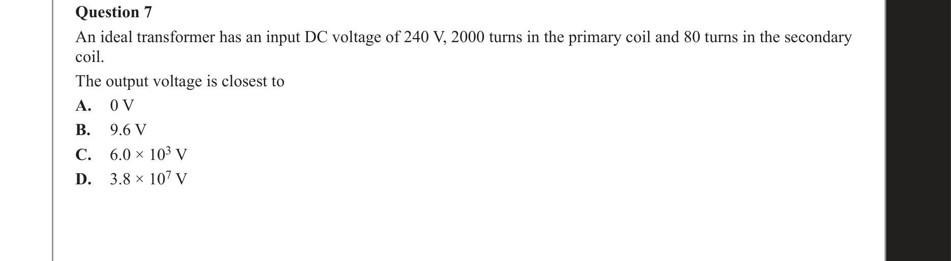 Physics 2020 Exam Question 7 — Transformer electromagnetic induction