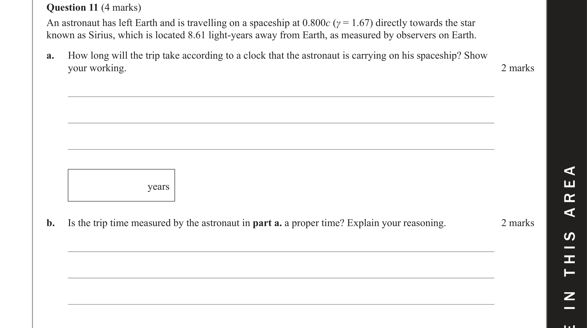 Physics 2020 Exam Question 11(b) — Time dilation formula, Special relativity postulates