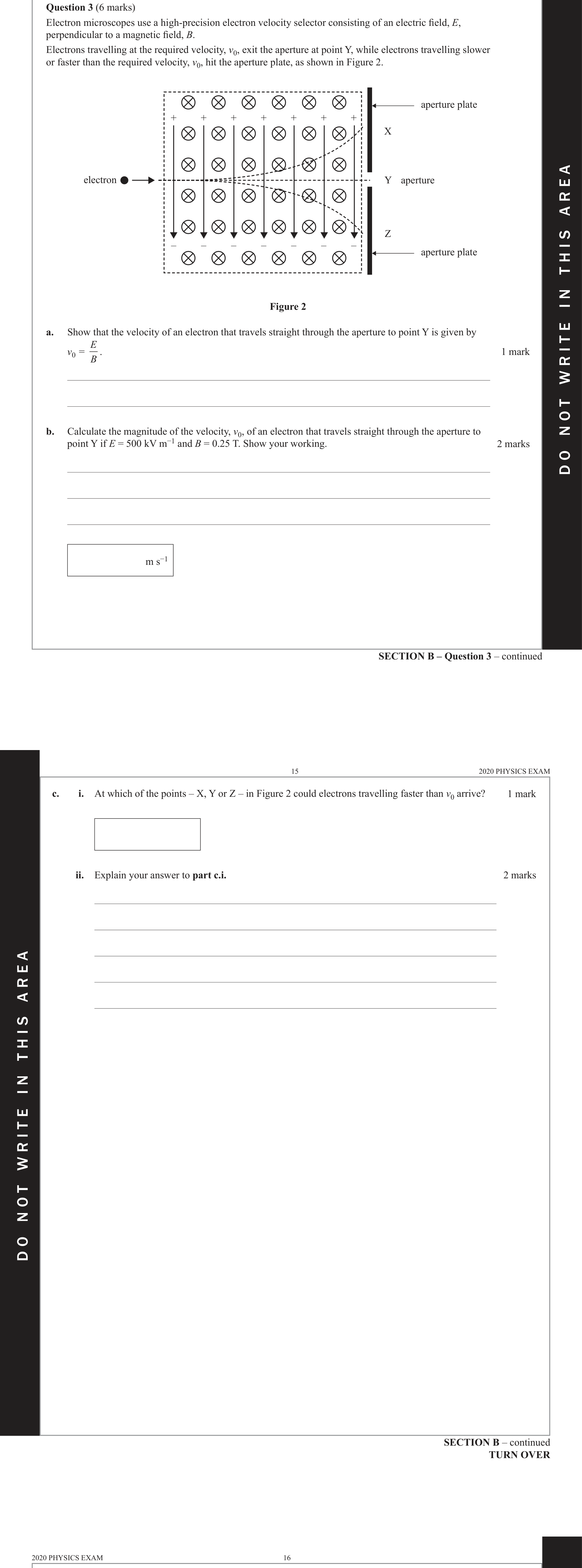 Physics 2020 Exam Question 3(a) — Electric field acceleration, Magnetic particle deflection, Particle accelerator motion