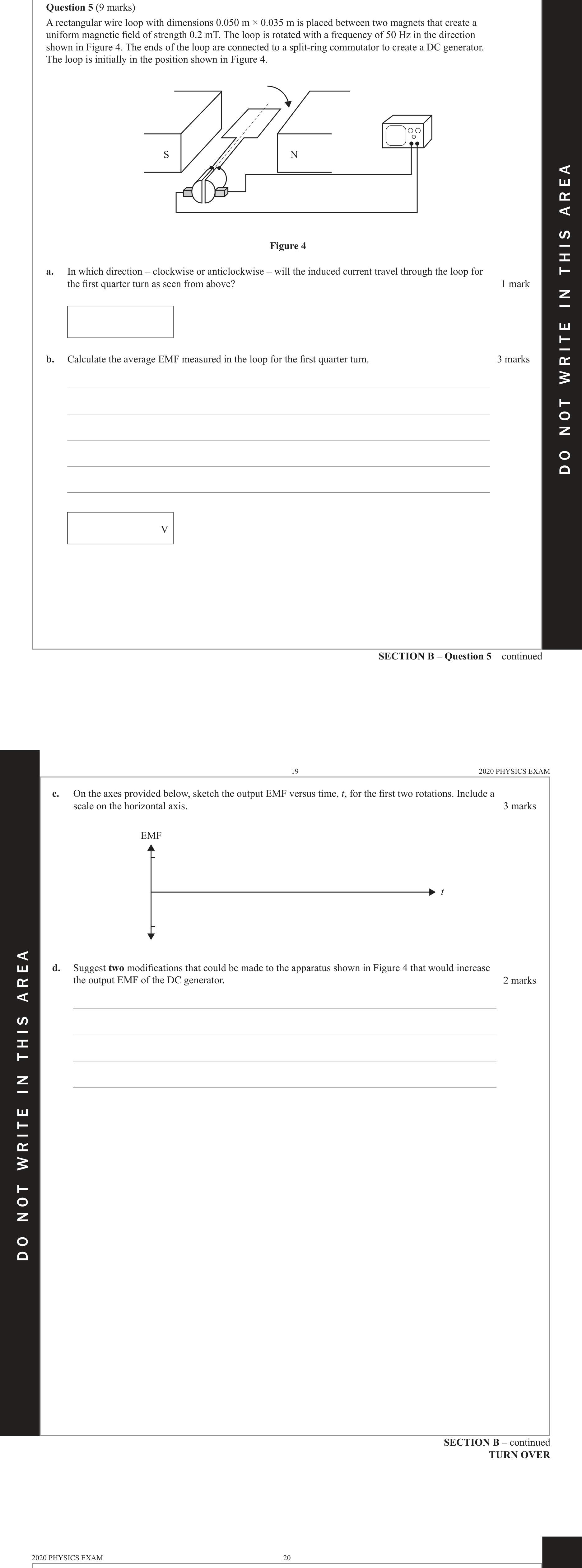 Physics 2020 Exam Question 5(d) — Induced emf determinants, DC versus AC generators