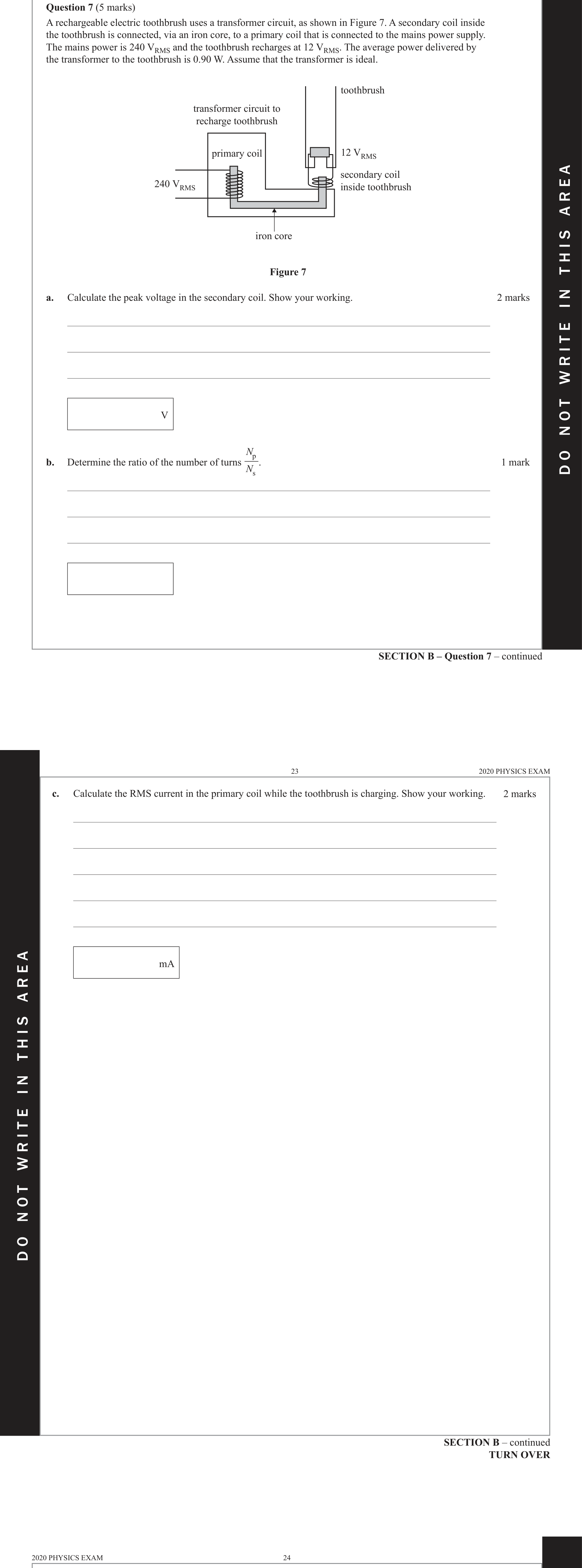 Physics 2020 Exam Question 7(b) — Transformer electromagnetic induction