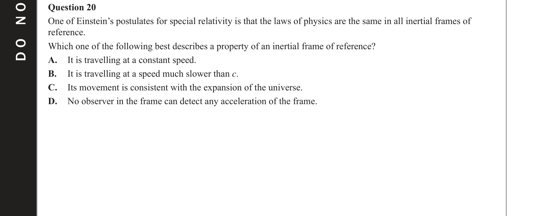 Physics 2021 Exam Question 20 — Special relativity postulates