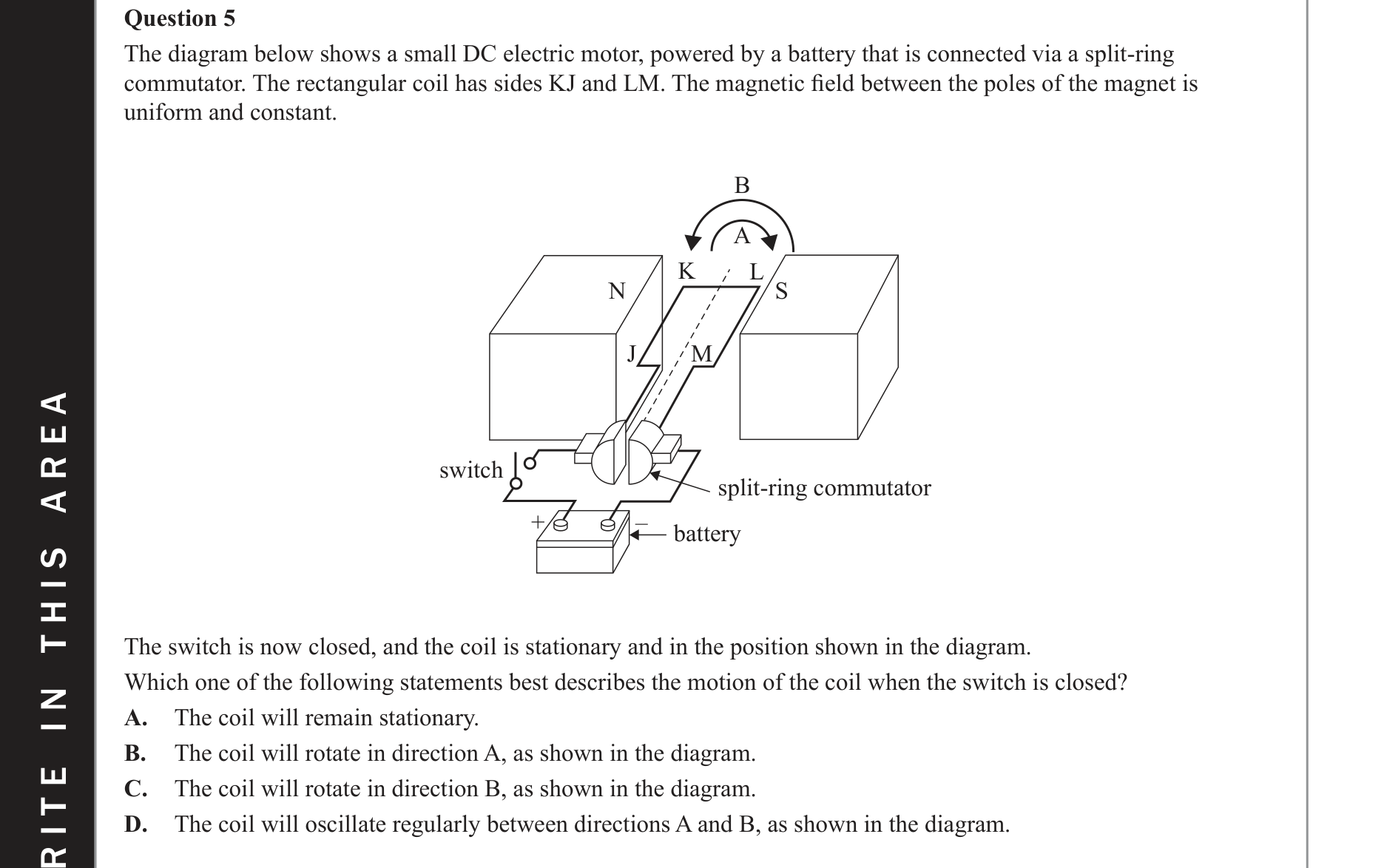 Physics 2021 Exam Question 5 — DC motor operation, Force on current conductor